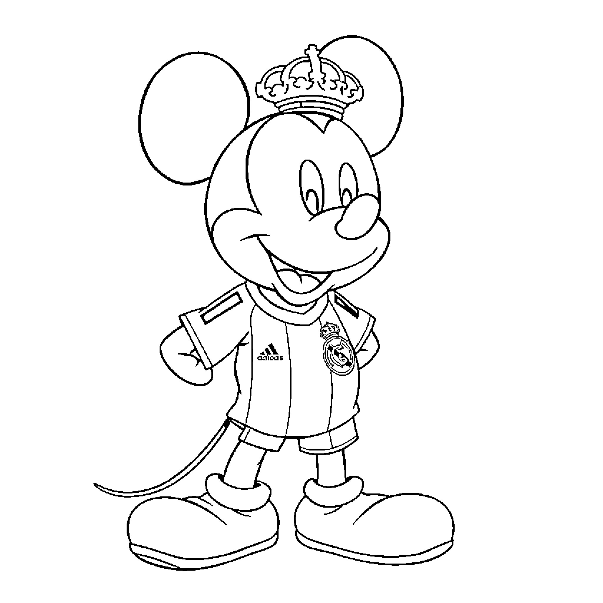 Mickey Mouse wearing Real Madrid football jersey Coloring Page (free black-and-white line drawing printable PDF for all, from beginners to advanced learners, including children, teens, adults, and seniors)