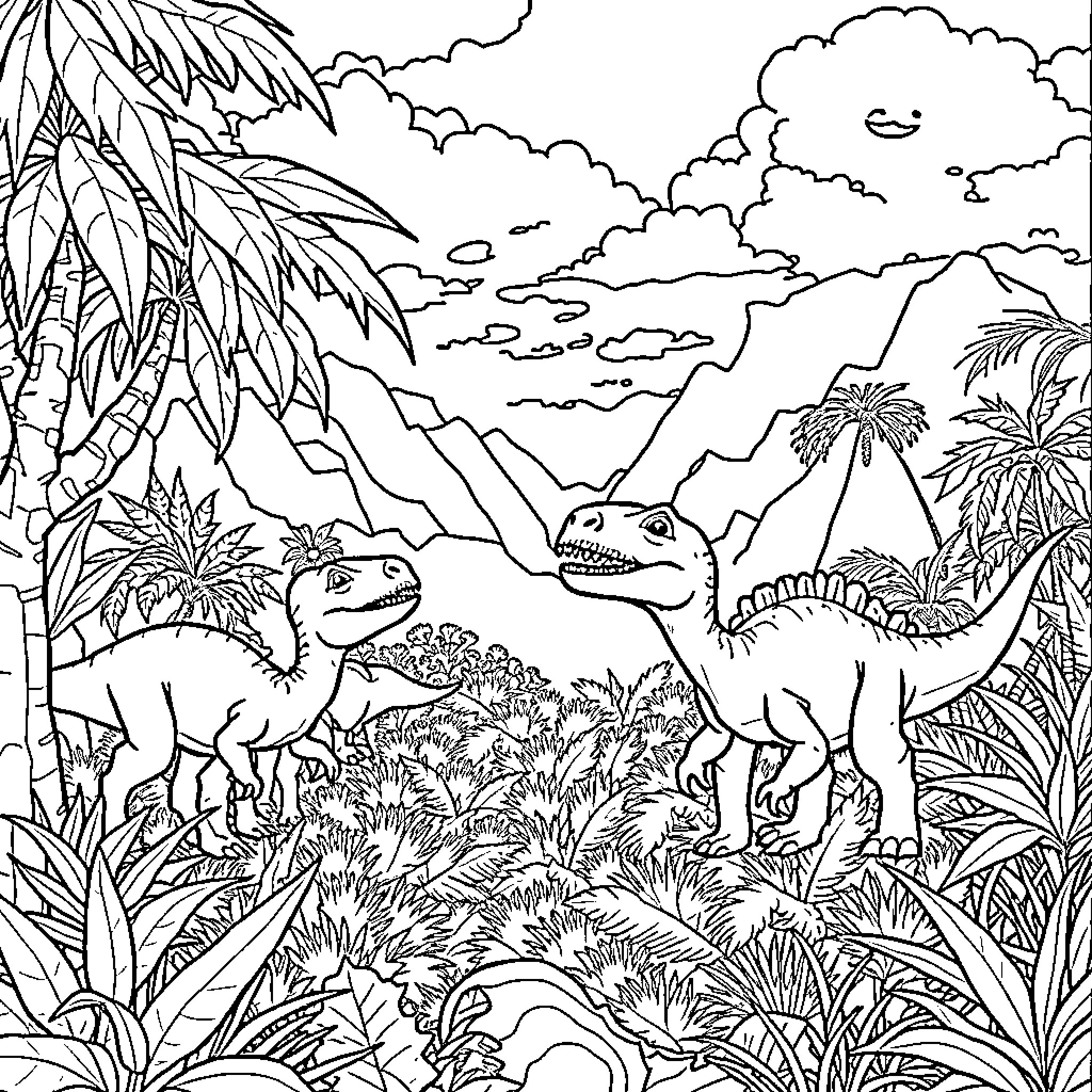 Dinosaurs exploring lush prehistoric landscape Coloring Page (free black-and-white line drawing printable PDF for all, from beginners to advanced learners, including children, teens, adults, and seniors)