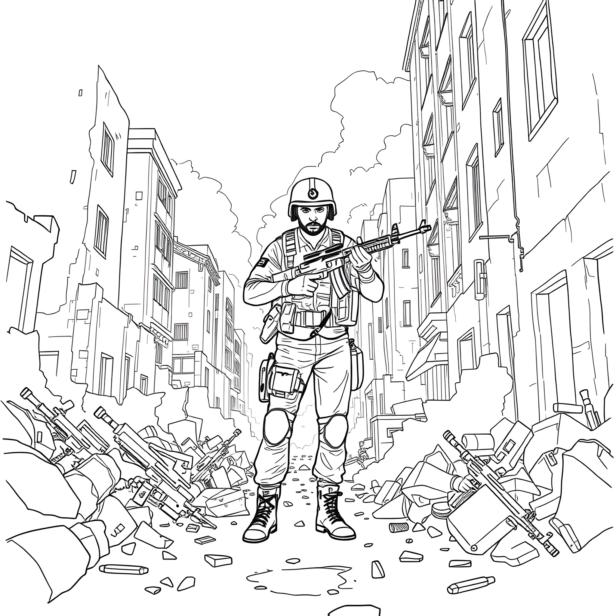 Soldier in the midst of battle amid debris and destruction Coloring Page (free black-and-white line drawing printable PDF for all, from beginners to advanced learners, including children, teens, adults, and seniors)