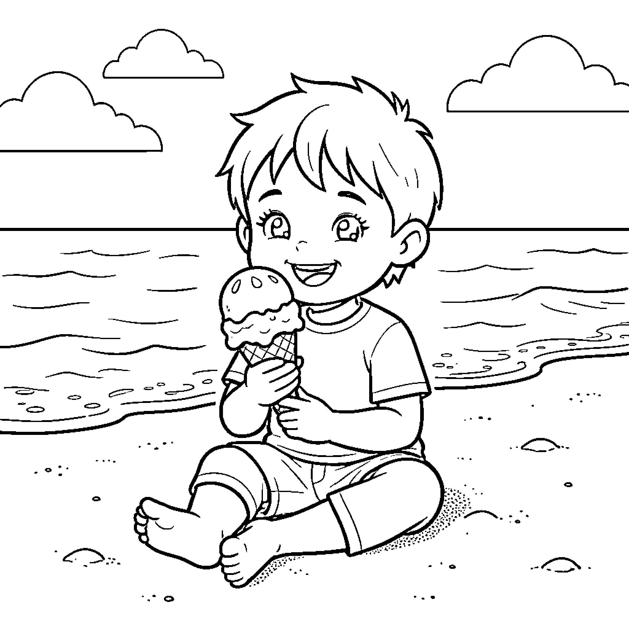 Thore sitting on the beach eating ice cream Coloring Page (free black-and-white line drawing printable PDF for all, from beginners to advanced learners, including children, teens, adults, and seniors)