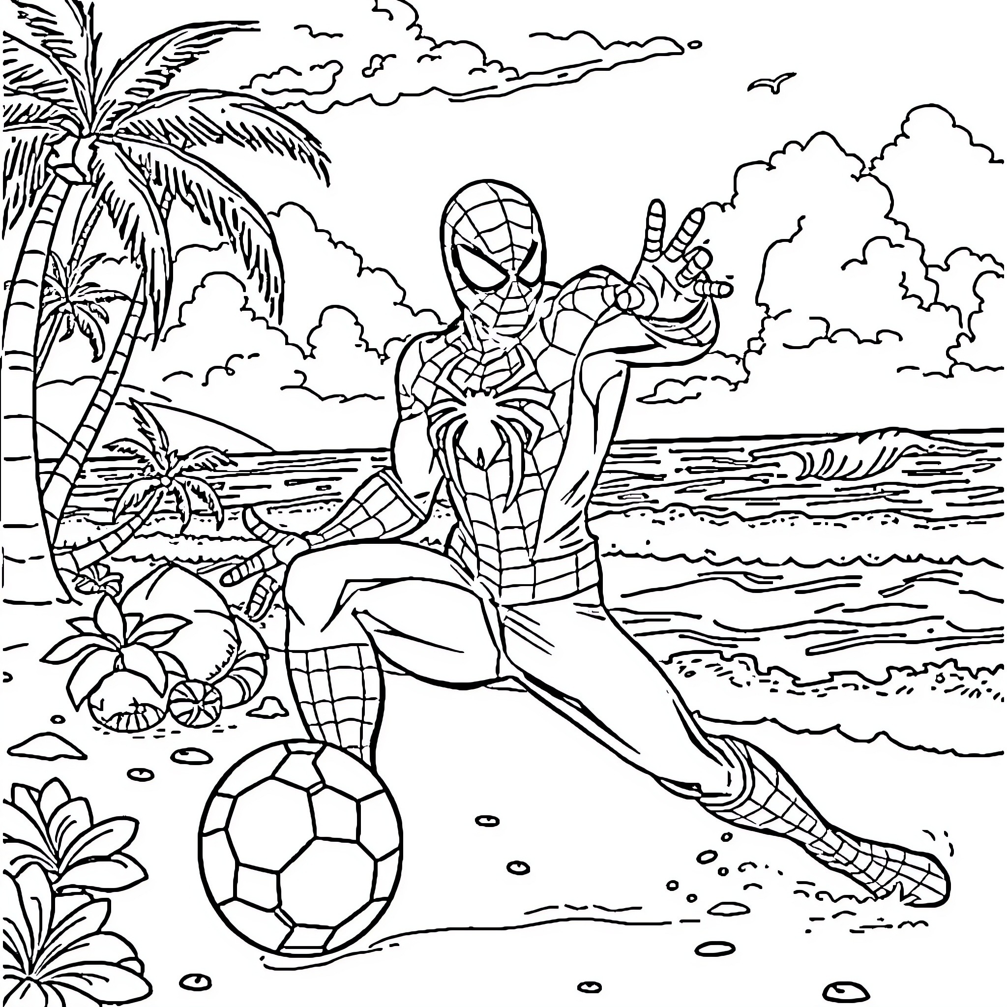 Spider-Man enjoying a beachside adventure Coloring Page (free black-and-white line drawing printable PDF for all, from beginners to advanced learners, including children, teens, adults, and seniors)