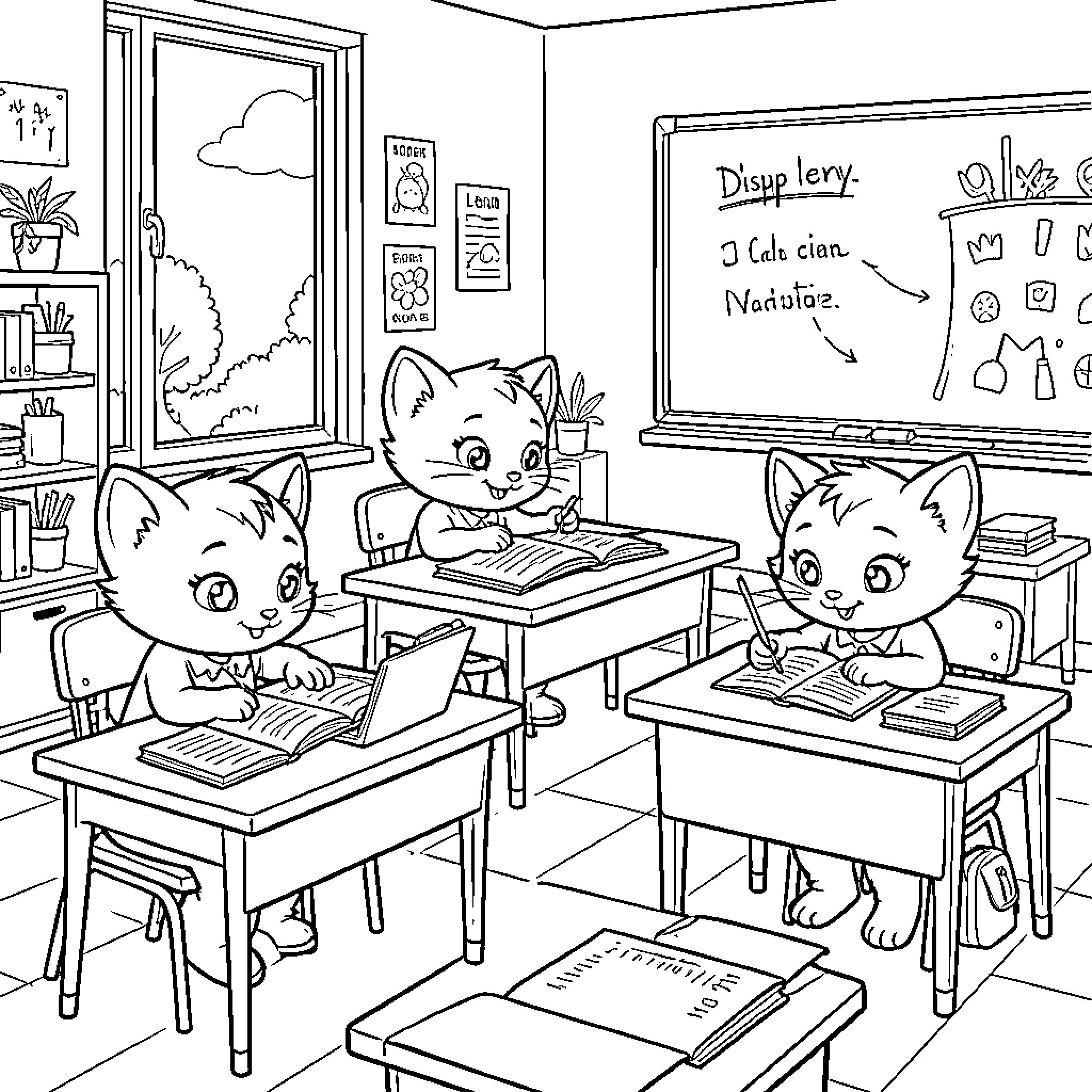 Super Kittens studying and writing at school desks Coloring Page (free black-and-white line drawing printable PDF for all, from beginners to advanced learners, including children, teens, adults, and seniors)