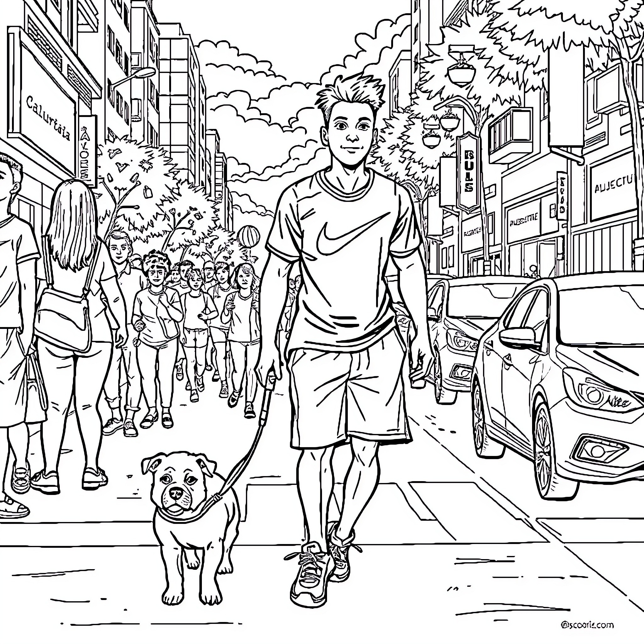 Boy walking his dog through a busy city street Coloring Page (free black-and-white line drawing printable PDF for all, from beginners to advanced learners, including children, teens, adults, and seniors)
