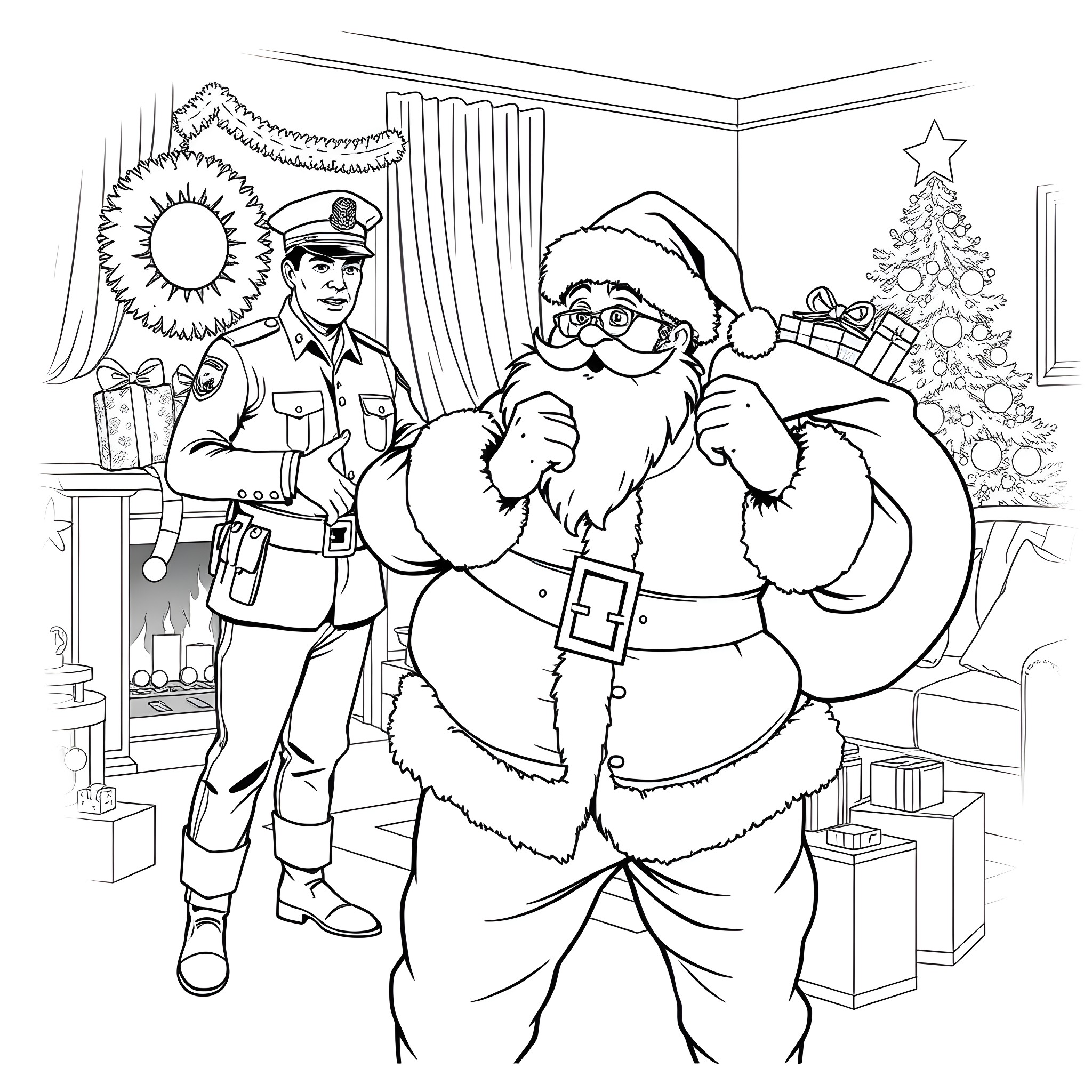 Santa Claus visiting a soldier on Christmas Coloring Page (free black-and-white line drawing printable PDF for all, from beginners to advanced learners, including children, teens, adults, and seniors)