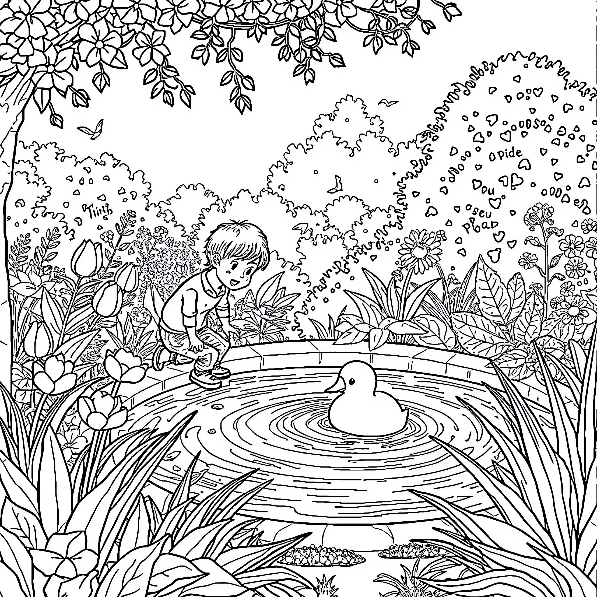 Humanoid child playing near a pond with duck Coloring Page (free black-and-white line drawing printable PDF for all, from beginners to advanced learners, including children, teens, adults, and seniors)