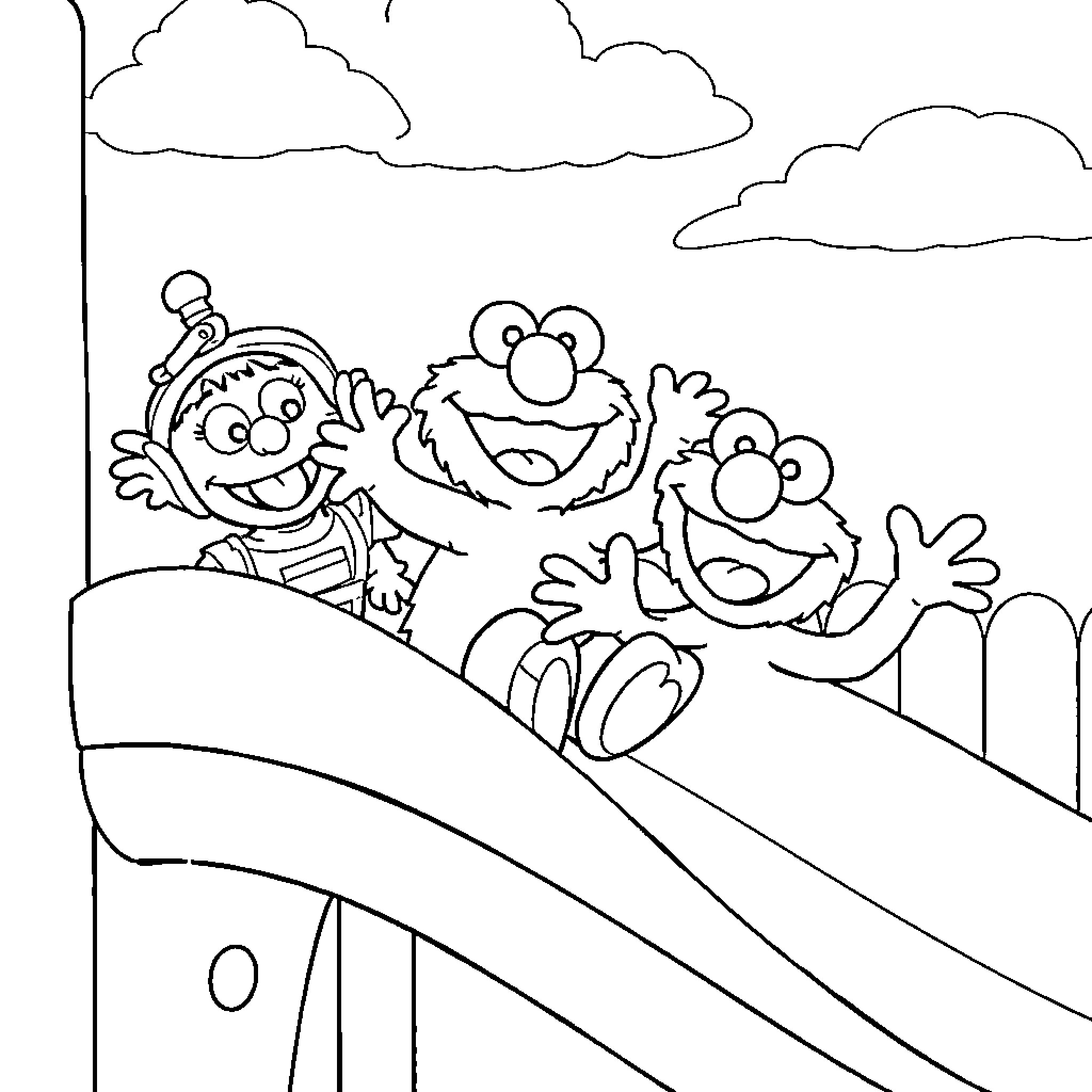 Bingo - Cartoon characters playing together outdoors Coloring Page (free black-and-white line drawing printable PDF for all, from beginners to advanced learners, including children, teens, adults, and seniors)
