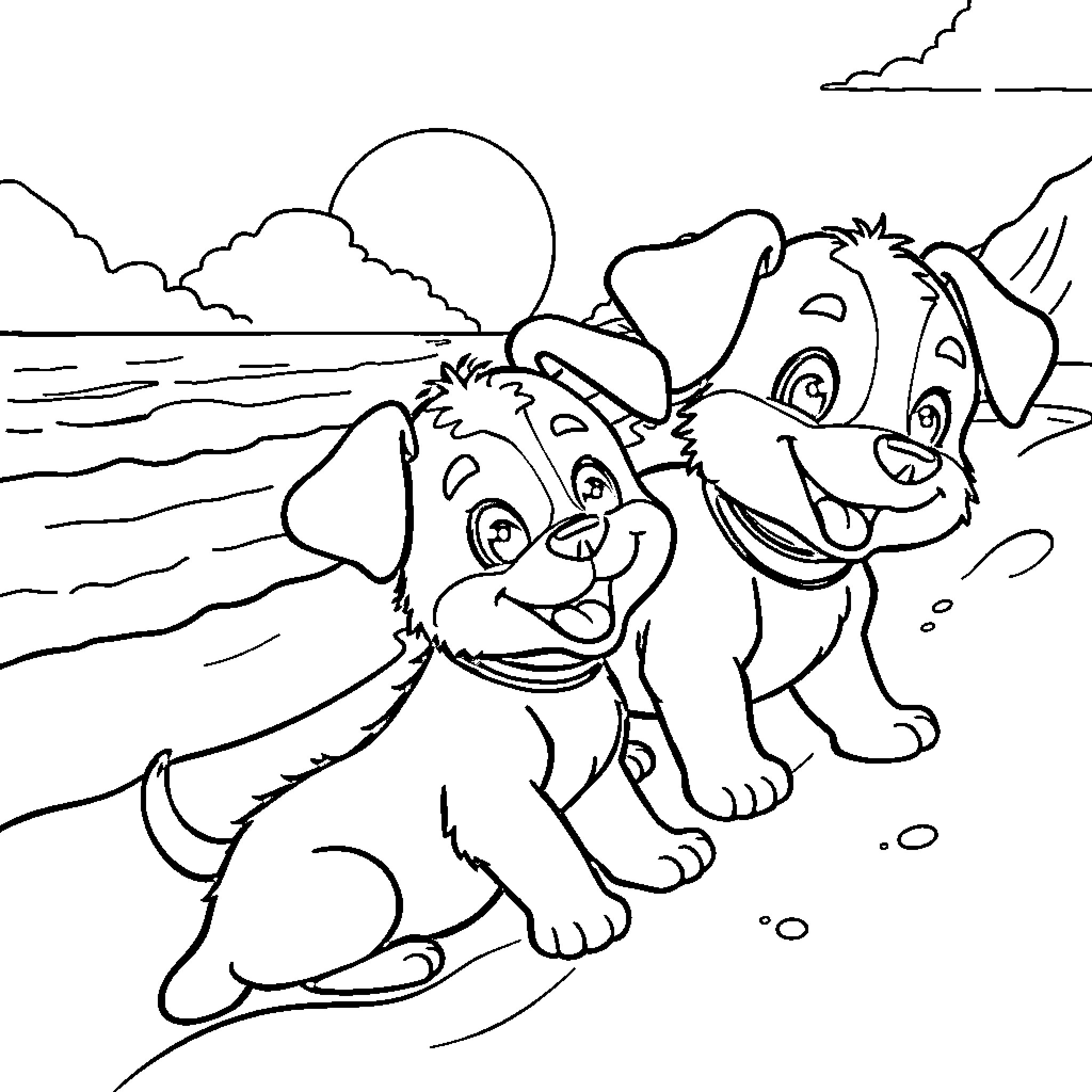 Bluey and Bingo playing happily by the beach Coloring Page (free black-and-white line drawing printable PDF for all, from beginners to advanced learners, including children, teens, adults, and seniors)