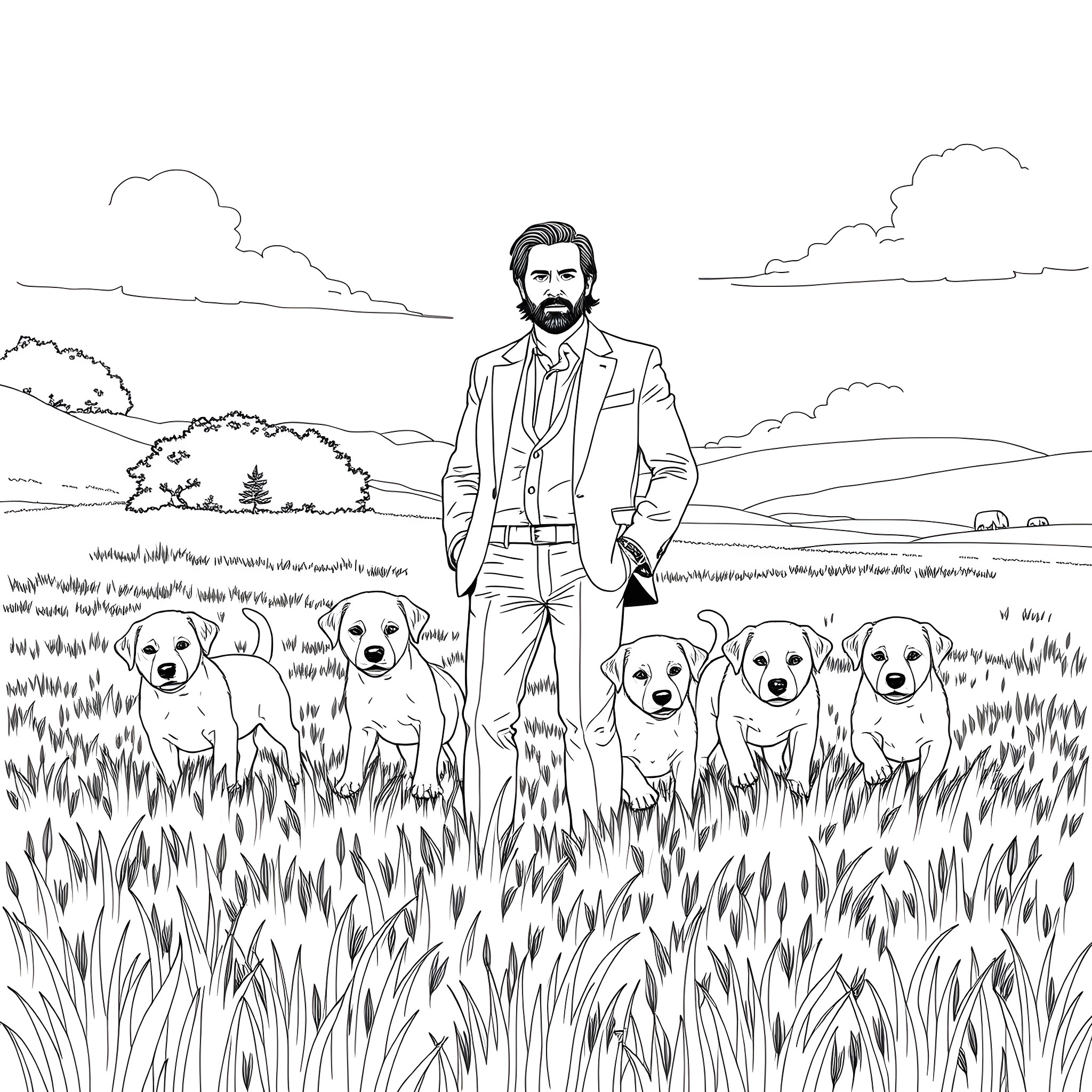 John Wick surrounded by loyal companions in scenic landscape Coloring Page (free black-and-white line drawing printable PDF for all, from beginners to advanced learners, including children, teens, adults, and seniors)