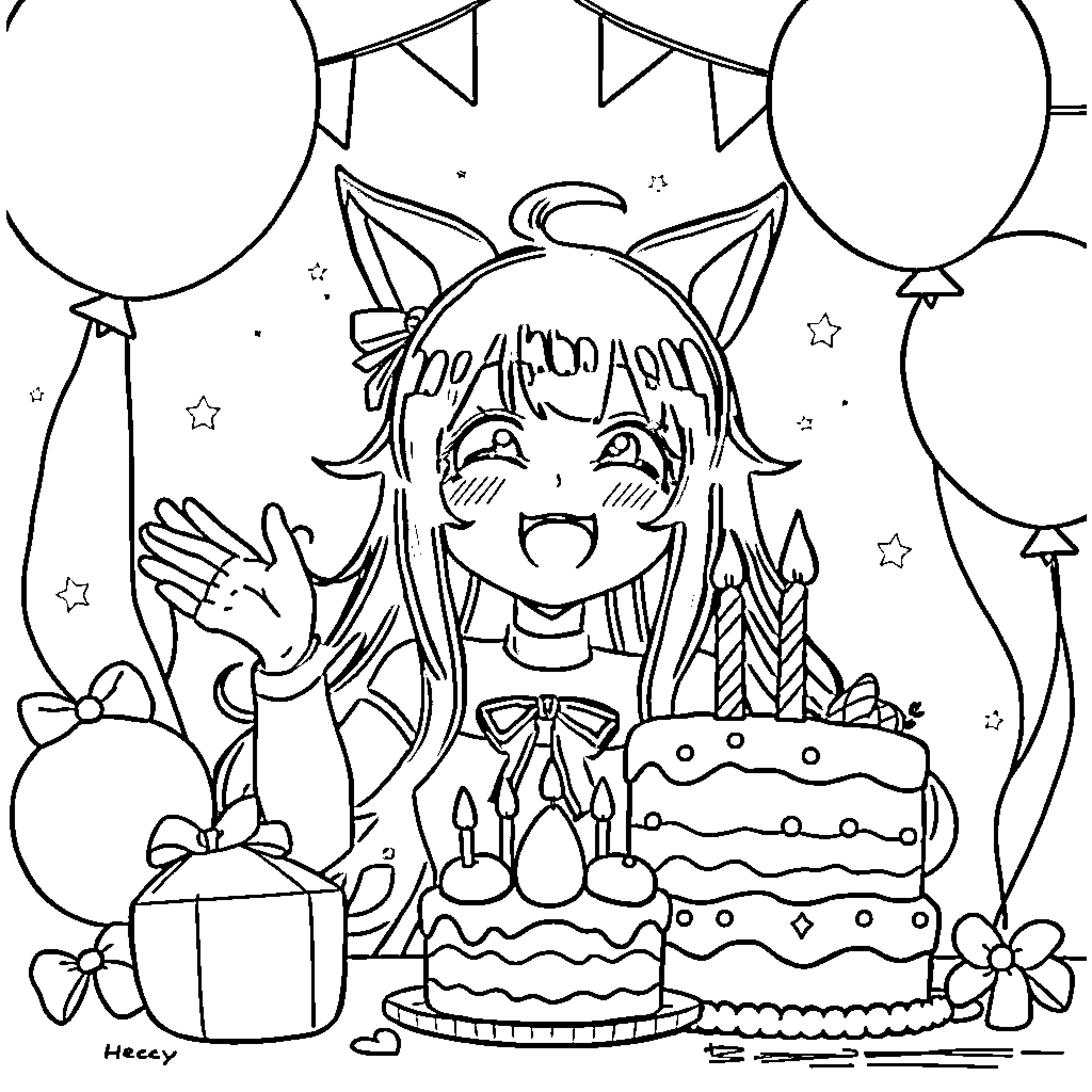 Kuromi's Festive Birthday Celebration Coloring Page (free black-and-white line drawing printable PDF for all, from beginners to advanced learners, including children, teens, adults, and seniors)