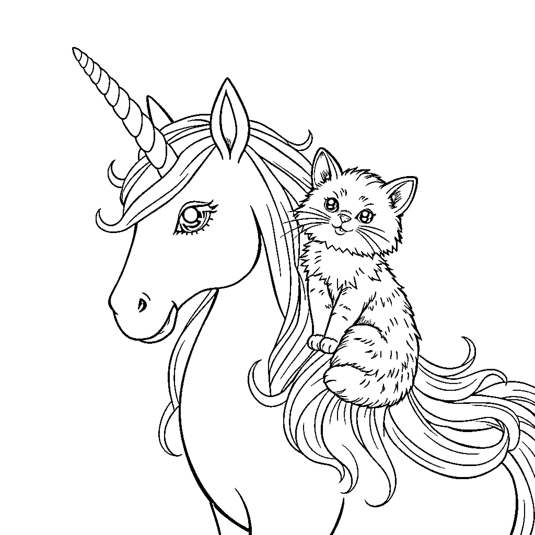 Unicorn with a playful kitten Coloring Page (free black-and-white line drawing printable PDF for all, from beginners to advanced learners, including children, teens, adults, and seniors)