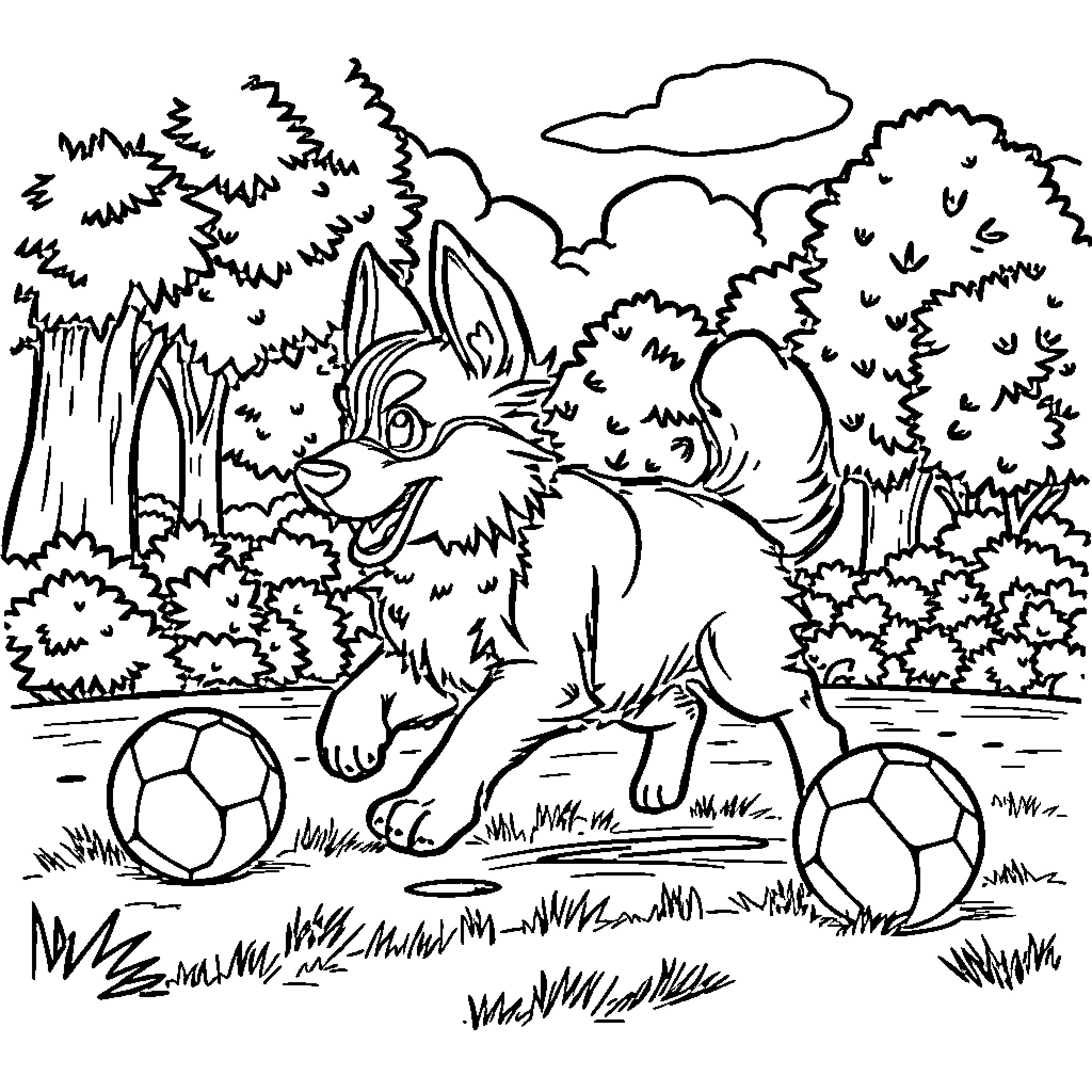 Dog playing with soccer balls in the park Coloring Page (free black-and-white line drawing printable PDF for all, from beginners to advanced learners, including children, teens, adults, and seniors)