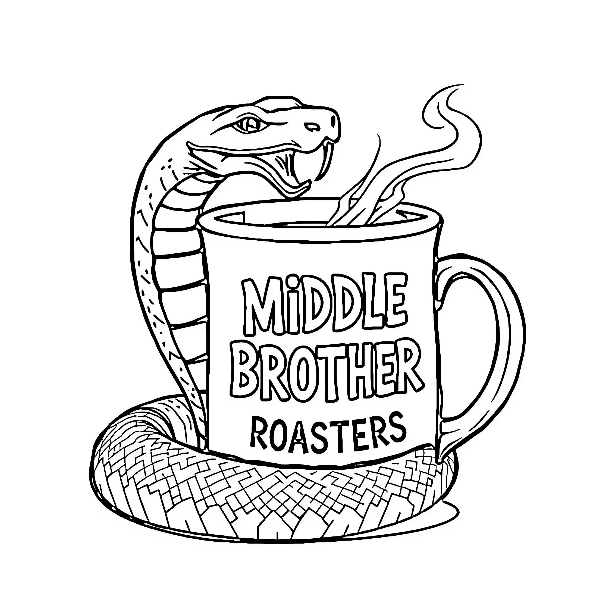 Snake coiled around a 'Middle Brother Roasters' mug Coloring Page (free black-and-white line drawing printable PDF for all, from beginners to advanced learners, including children, teens, adults, and seniors)