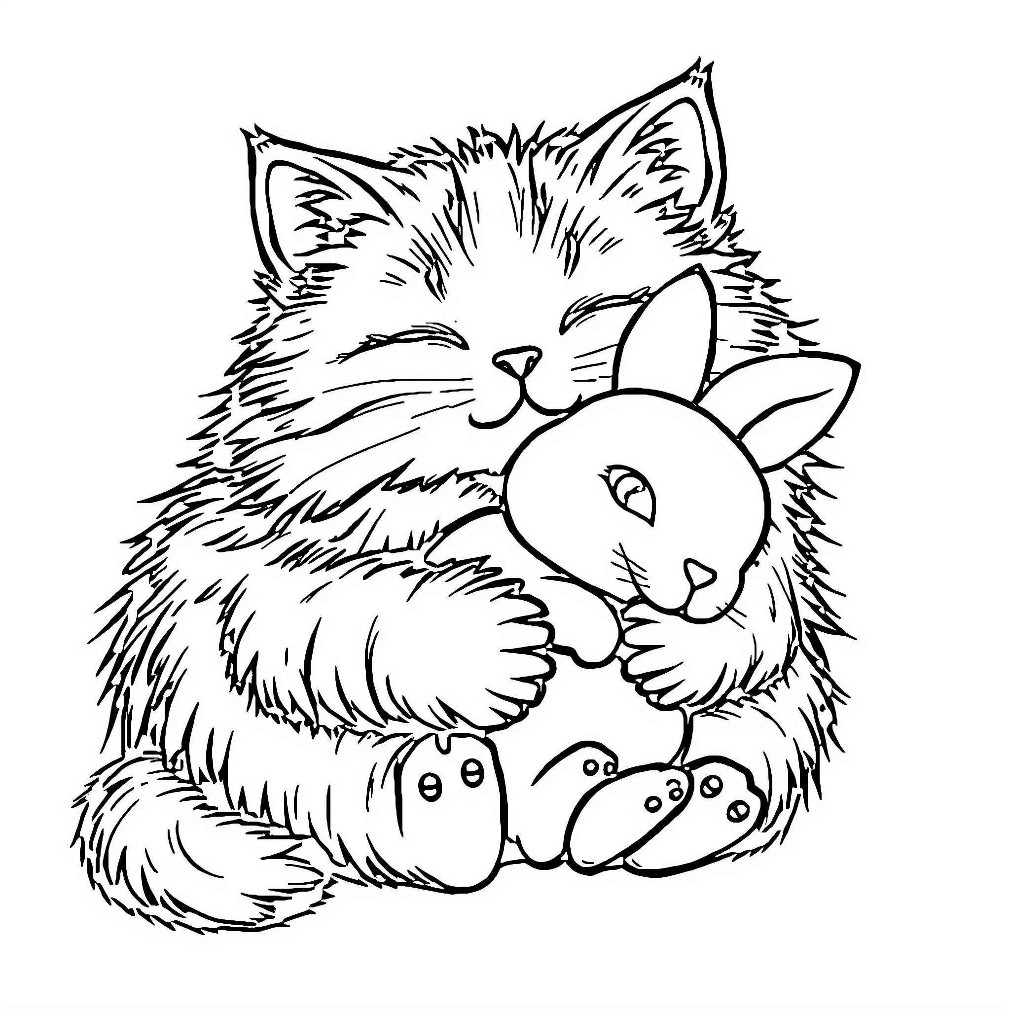 Cat cuddling with a rabbit Coloring Page (free black-and-white line drawing printable PDF for all, from beginners to advanced learners, including children, teens, adults, and seniors)