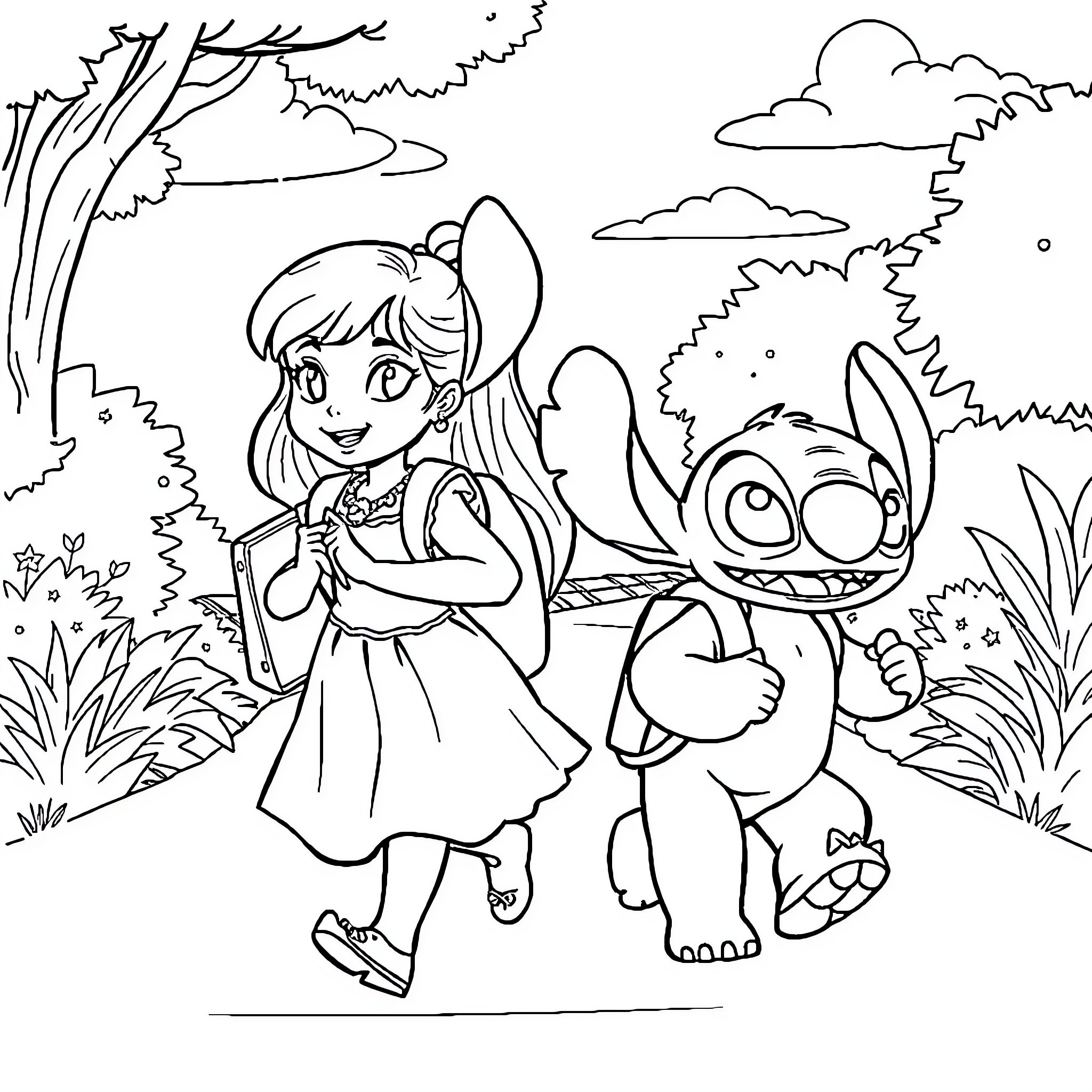 Lilo and Her Alien Companion Explore the Wilderness Coloring Page (free black-and-white line drawing printable PDF for all, from beginners to advanced learners, including children, teens, adults, and seniors)