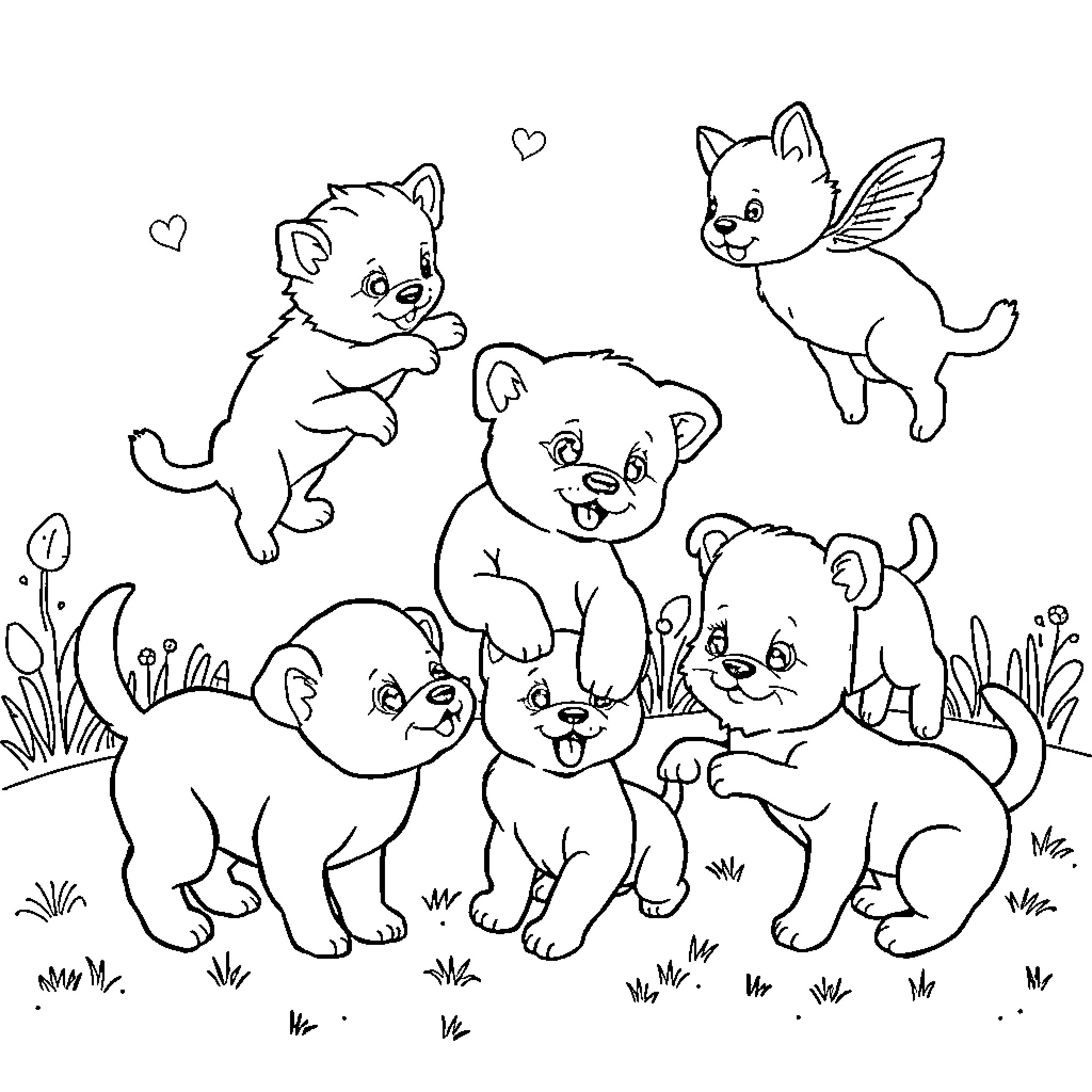 Animal friends playing in the meadow Coloring Page (free black-and-white line drawing printable PDF for all, from beginners to advanced learners, including children, teens, adults, and seniors)