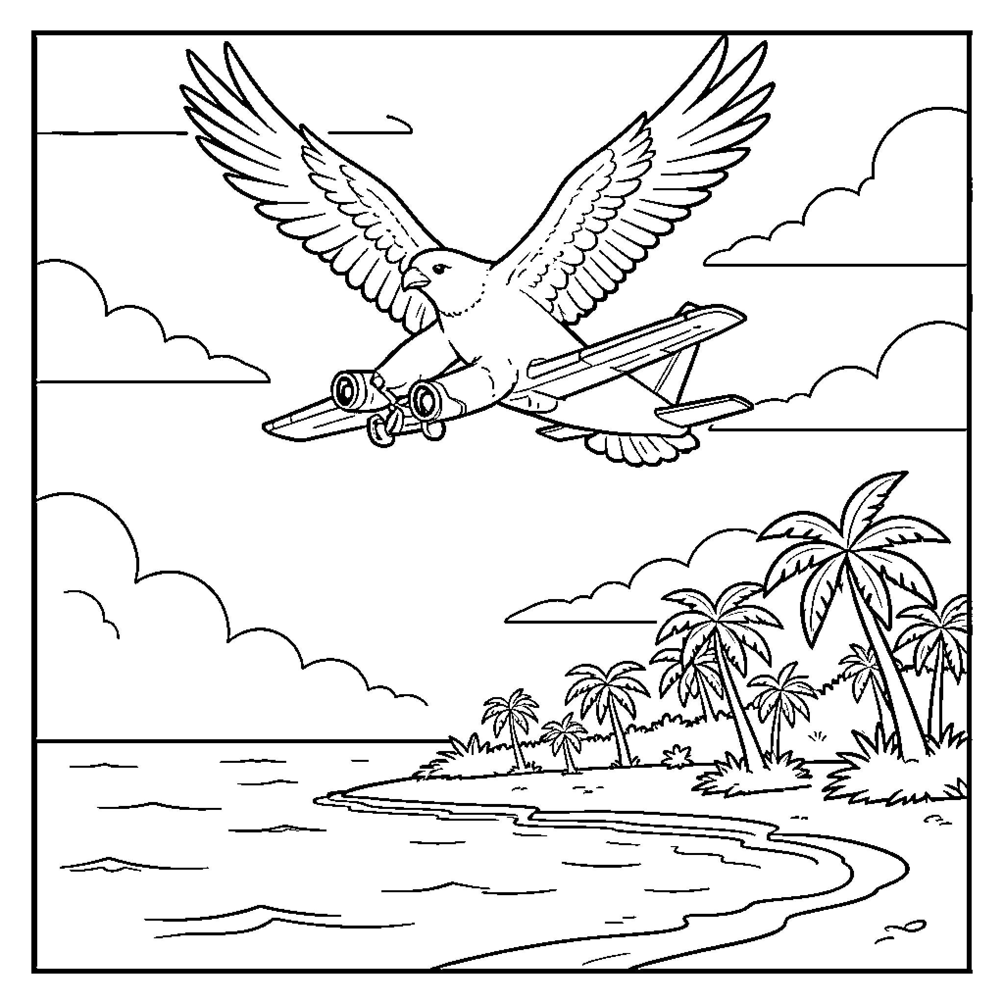 Bird soaring with biplane over tropical beach Coloring Page (free black-and-white line drawing printable PDF for all, from beginners to advanced learners, including children, teens, adults, and seniors)