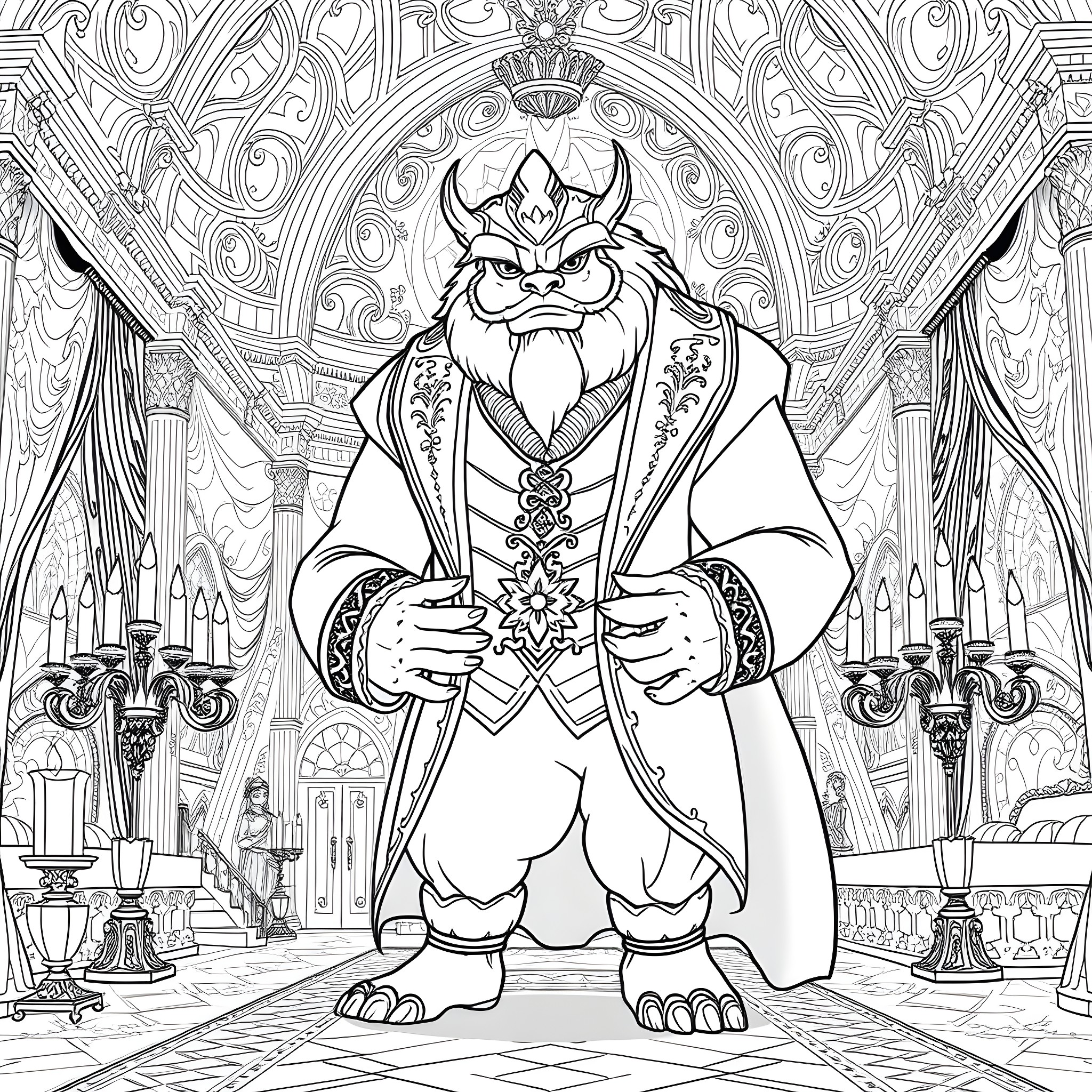 Beast Royalty Presiding in Ornate Chamber Coloring Page (free black-and-white line drawing printable PDF for all, from beginners to advanced learners, including children, teens, adults, and seniors)