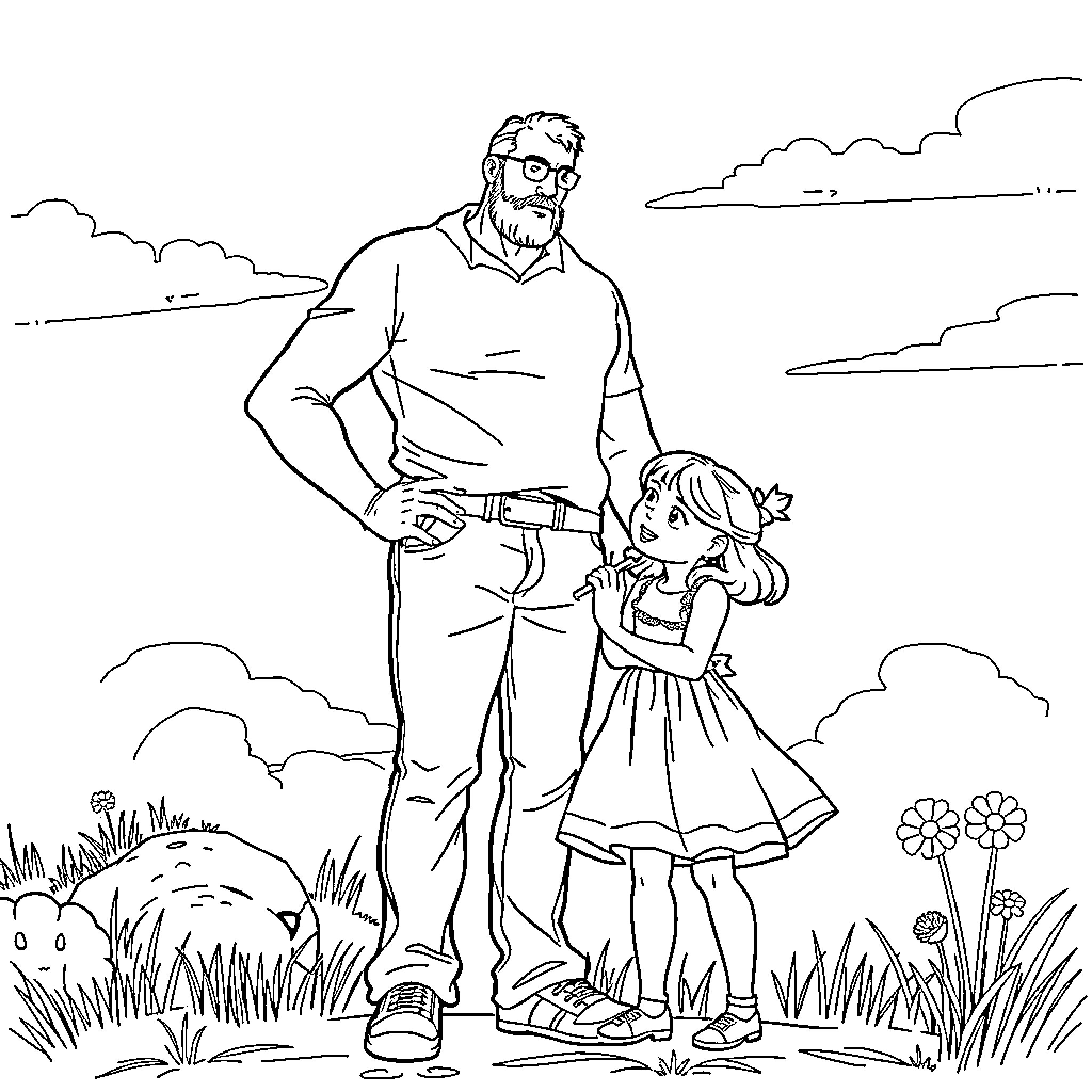 Dad and daughter exploring the outdoors Coloring Page (free black-and-white line drawing printable PDF for all, from beginners to advanced learners, including children, teens, adults, and seniors)