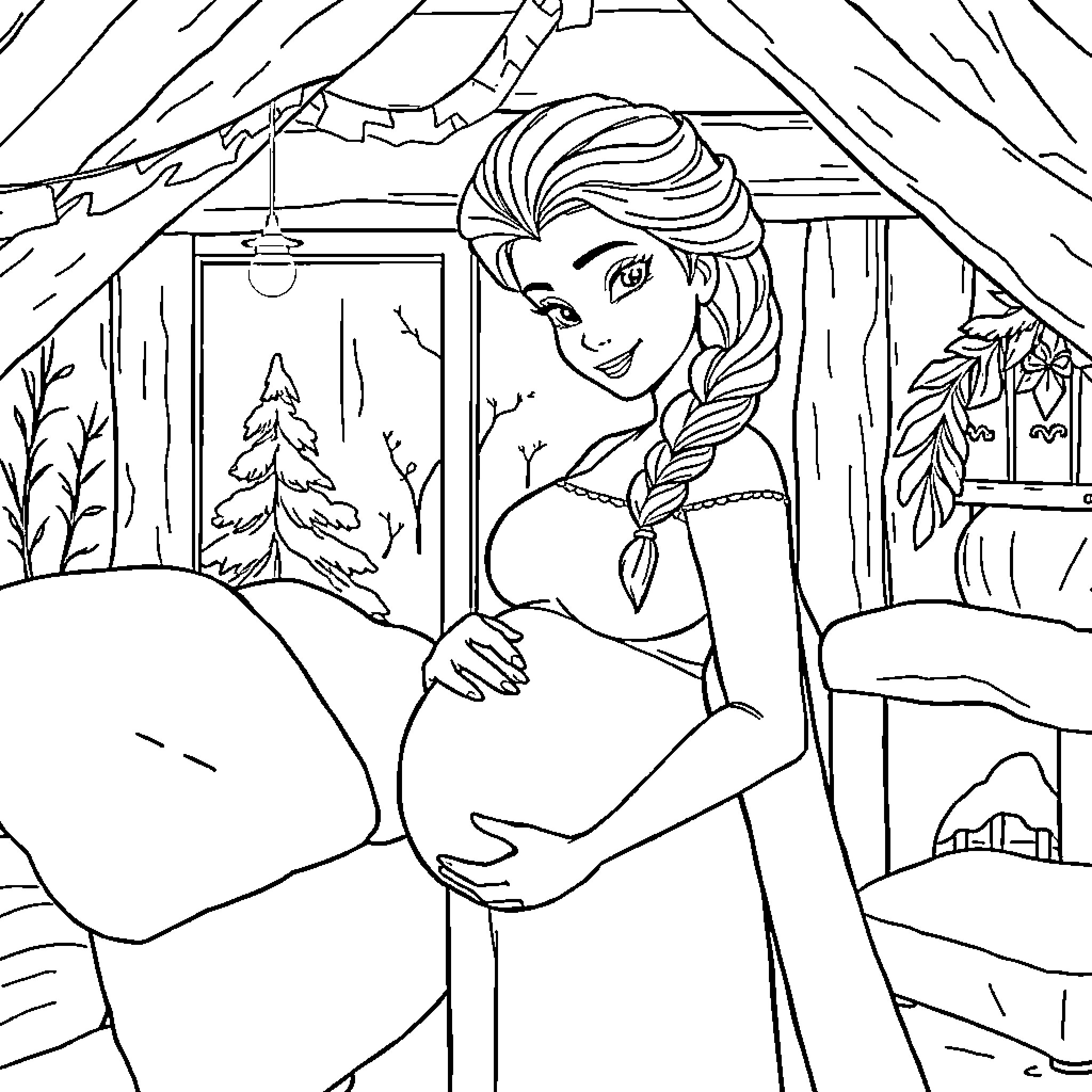 Elsa's Cozy Winter Retreat Coloring Page (free black-and-white line drawing printable PDF for all, from beginners to advanced learners, including children, teens, adults, and seniors)