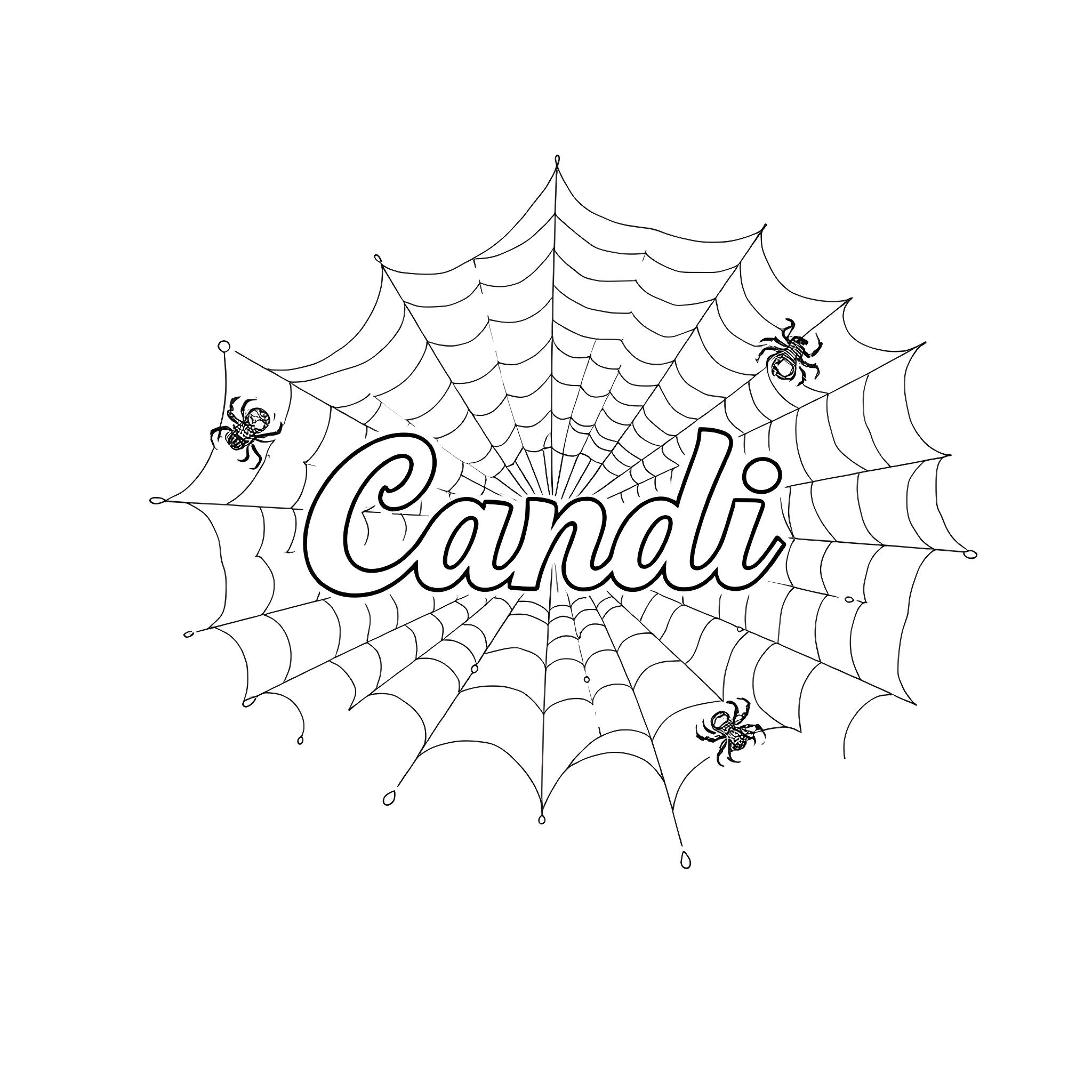 Spiderweb with Candi text and spiders Coloring Page (free black-and-white line drawing printable PDF for all, from beginners to advanced learners, including children, teens, adults, and seniors)