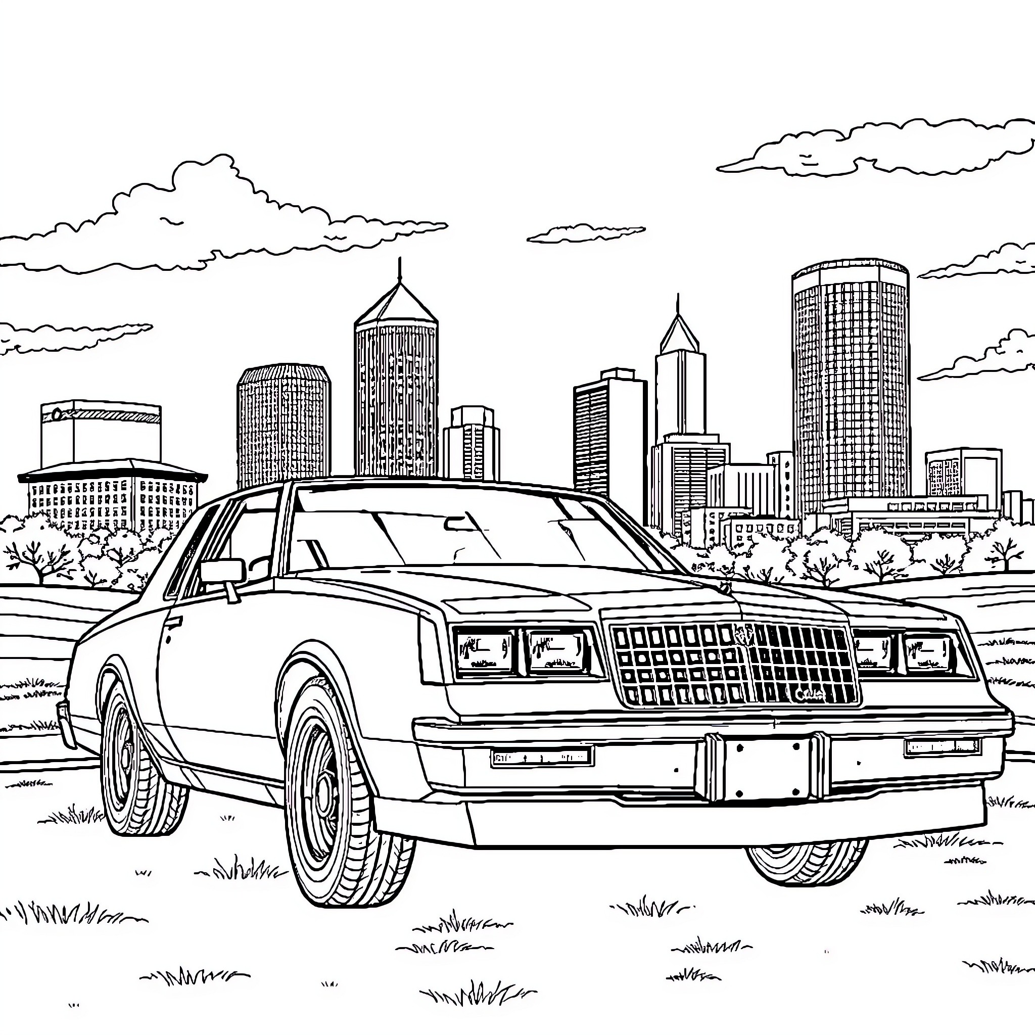 Cutlass cruising through the urban landscape Coloring Page (free black-and-white line drawing printable PDF for all, from beginners to advanced learners, including children, teens, adults, and seniors)
