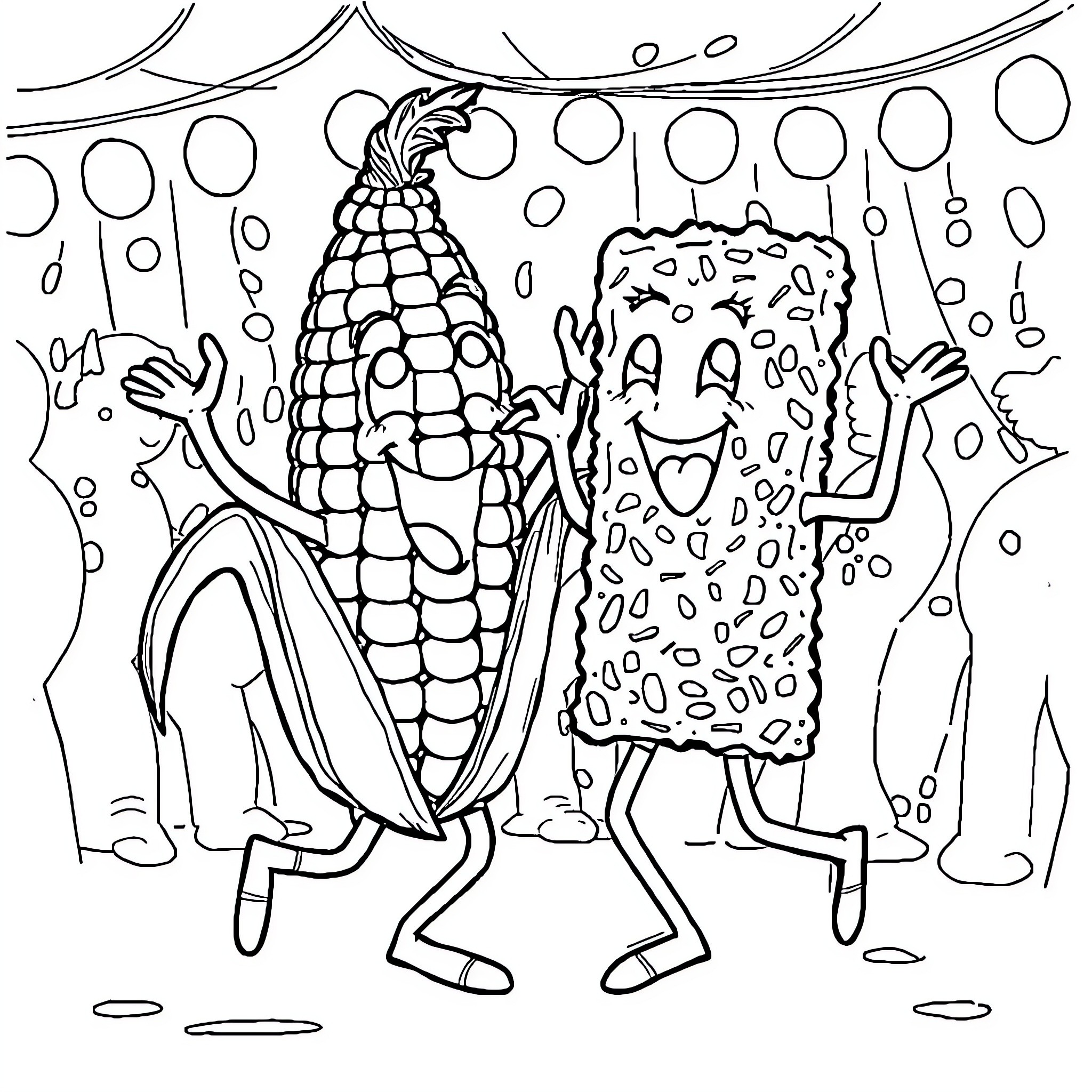 Corncob characters in a whimsical scene Coloring Page (free black-and-white line drawing printable PDF for all, from beginners to advanced learners, including children, teens, adults, and seniors)