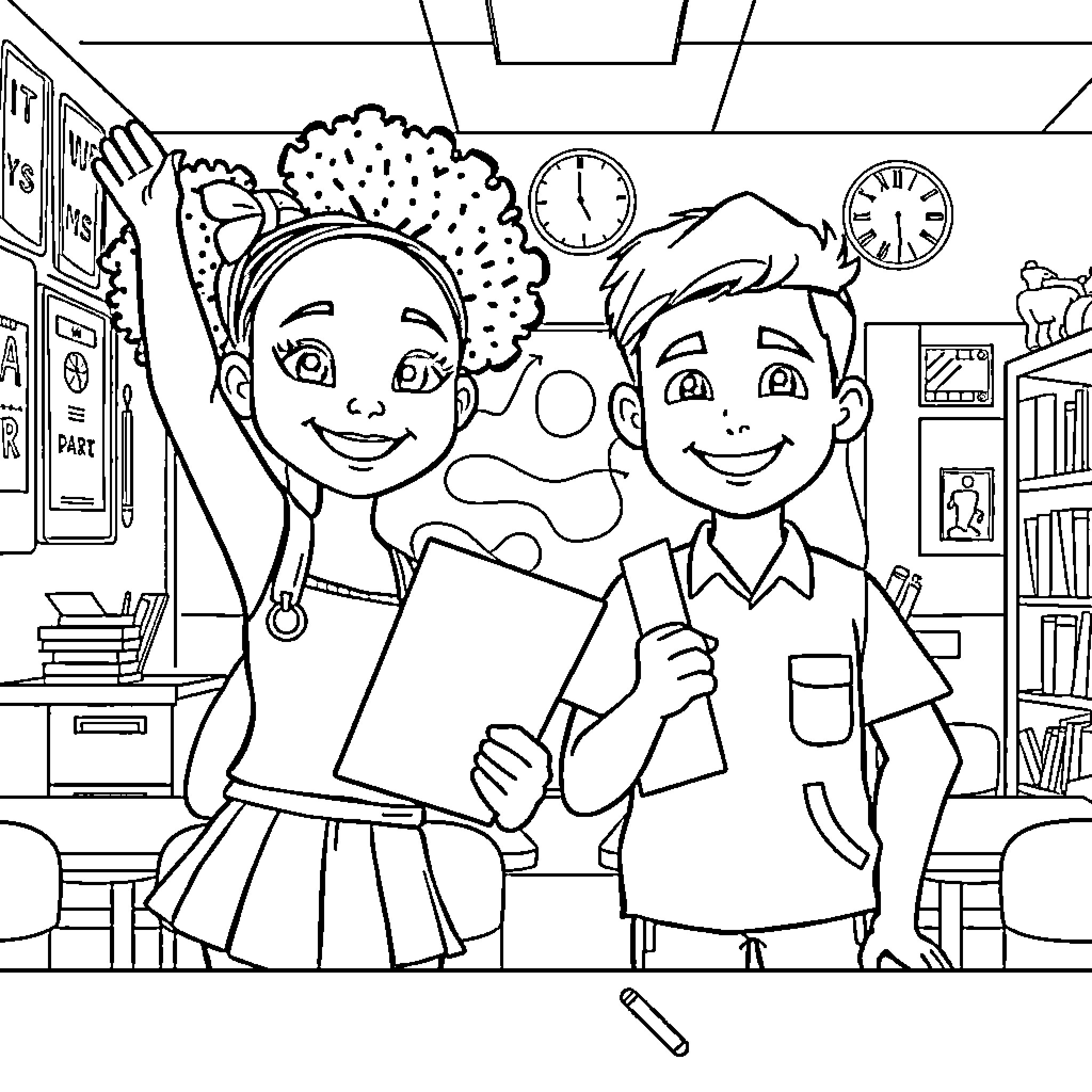 Child friends happily learning in the classroom Coloring Page (free black-and-white line drawing printable PDF for all, from beginners to advanced learners, including children, teens, adults, and seniors)
