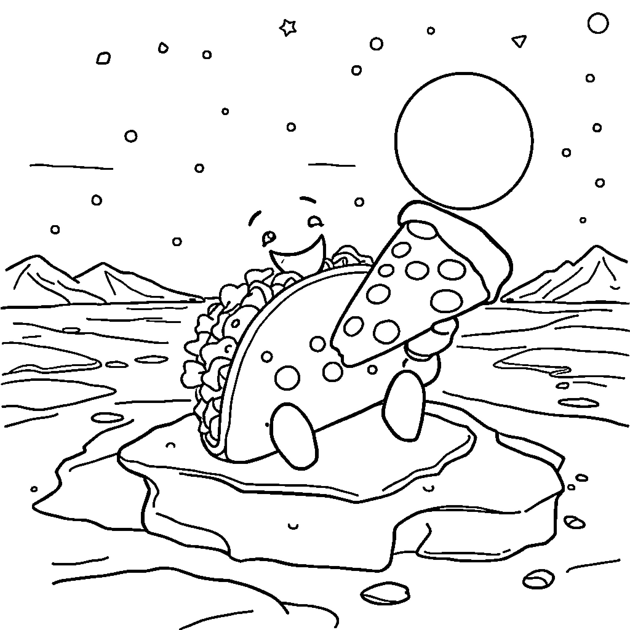 Taco enjoying a snowy landscape Coloring Page (free black-and-white line drawing printable PDF for all, from beginners to advanced learners, including children, teens, adults, and seniors)