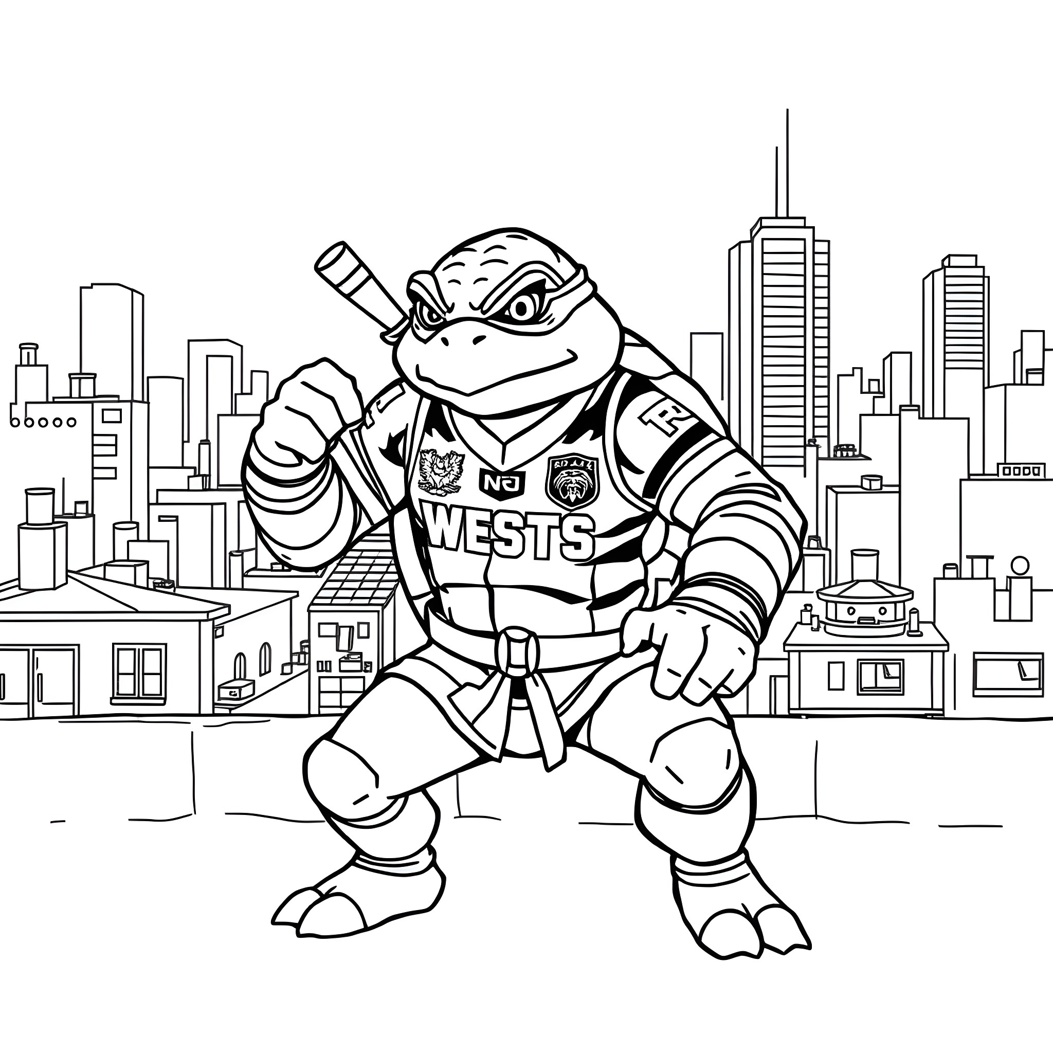 Ninja Turtle hockey player in the city Coloring Page (free black-and-white line drawing printable PDF for all, from beginners to advanced learners, including children, teens, adults, and seniors)