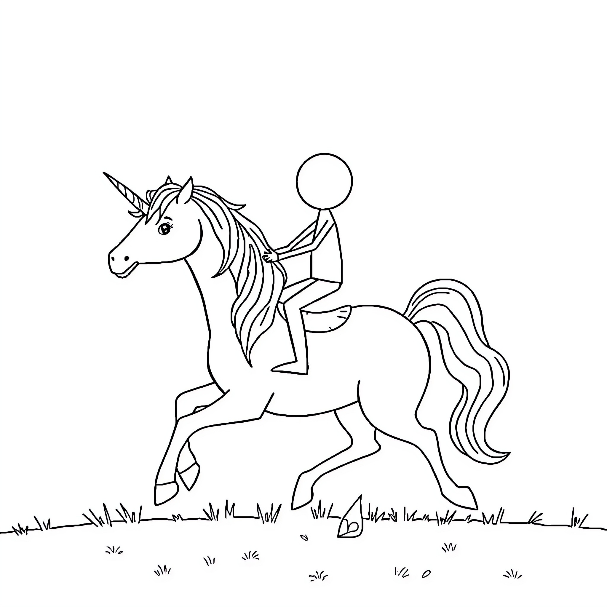 Unicorn Rider Galloping Through Grassy Field Coloring Page (free black-and-white line drawing printable PDF for all, from beginners to advanced learners, including children, teens, adults, and seniors)
