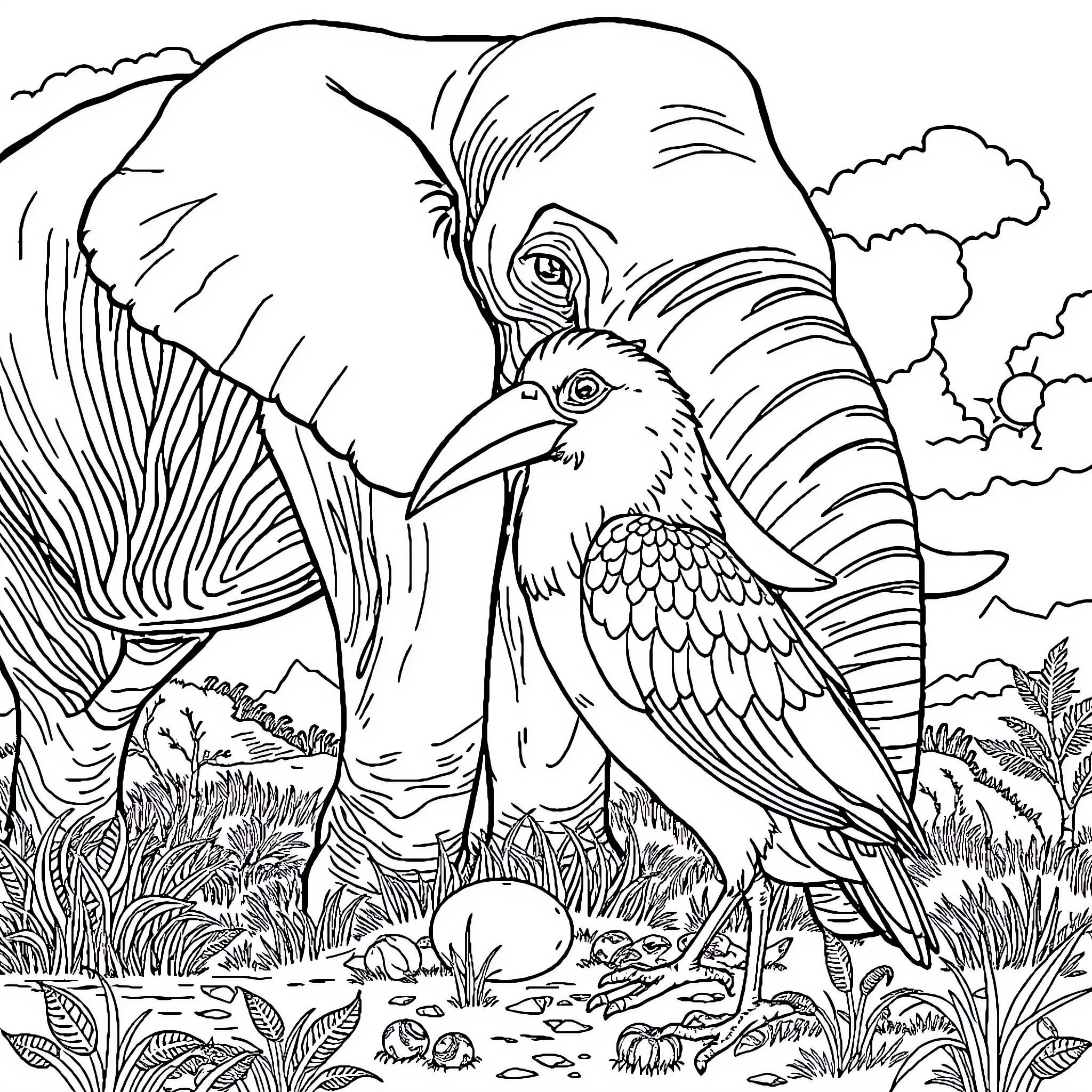 Bird exploring scenic nature Coloring Page (free black-and-white line drawing printable PDF for all, from beginners to advanced learners, including children, teens, adults, and seniors)