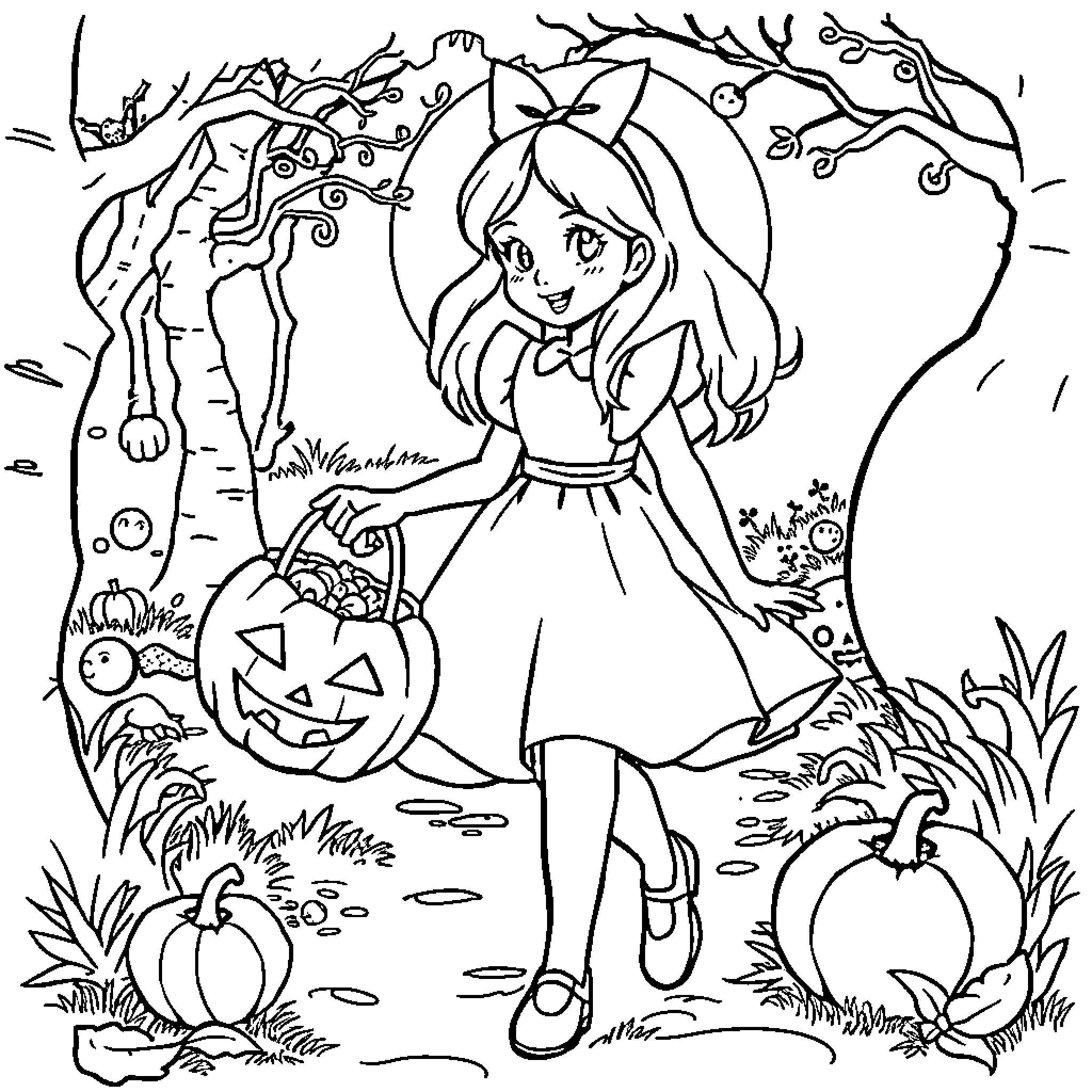 Alice's Autumn Adventure in the Enchanted Forest Coloring Page (free black-and-white line drawing printable PDF for all, from beginners to advanced learners, including children, teens, adults, and seniors)