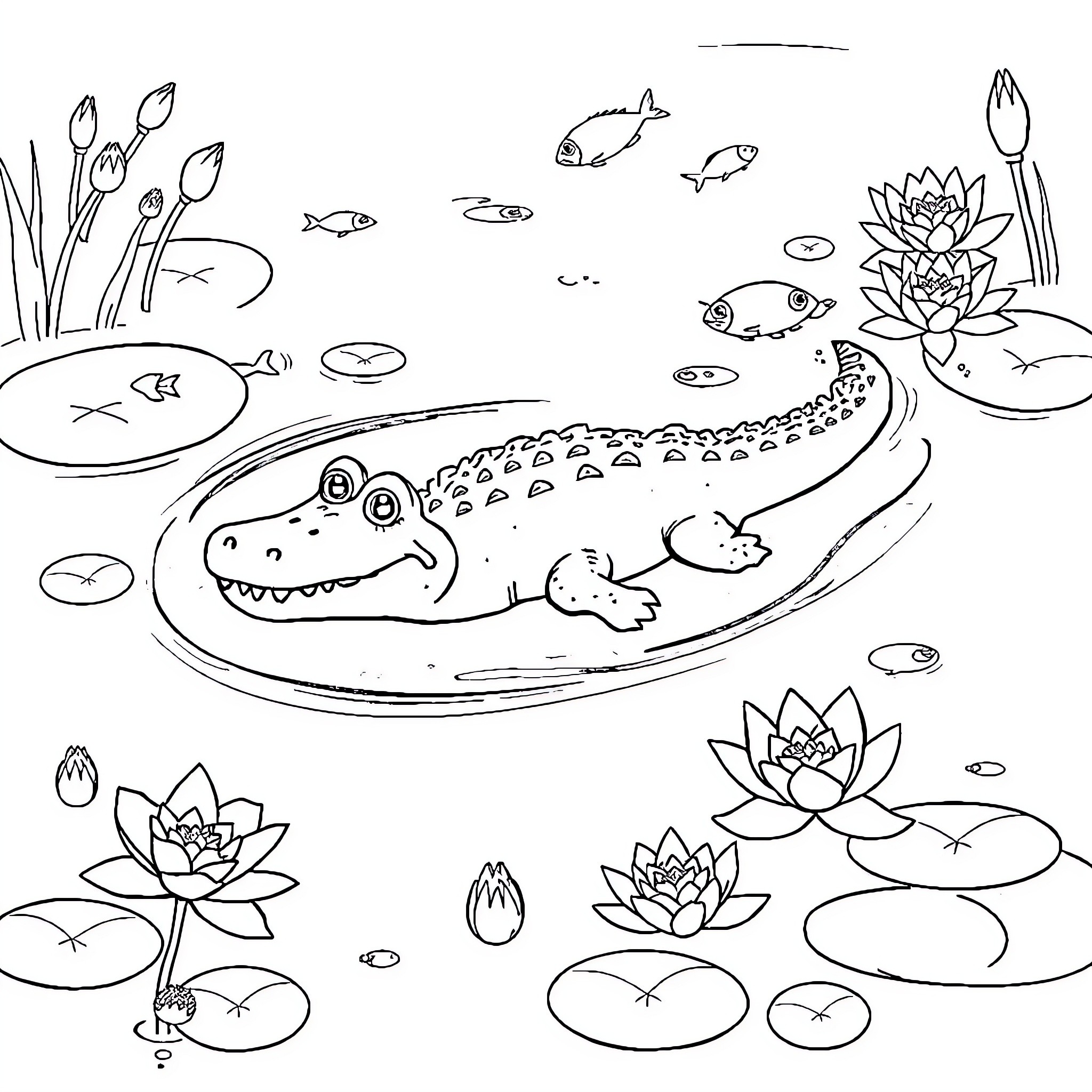 Crocodile swimming in a tranquil pond with lotus flowers Coloring Page (free black-and-white line drawing printable PDF for all, from beginners to advanced learners, including children, teens, adults, and seniors)