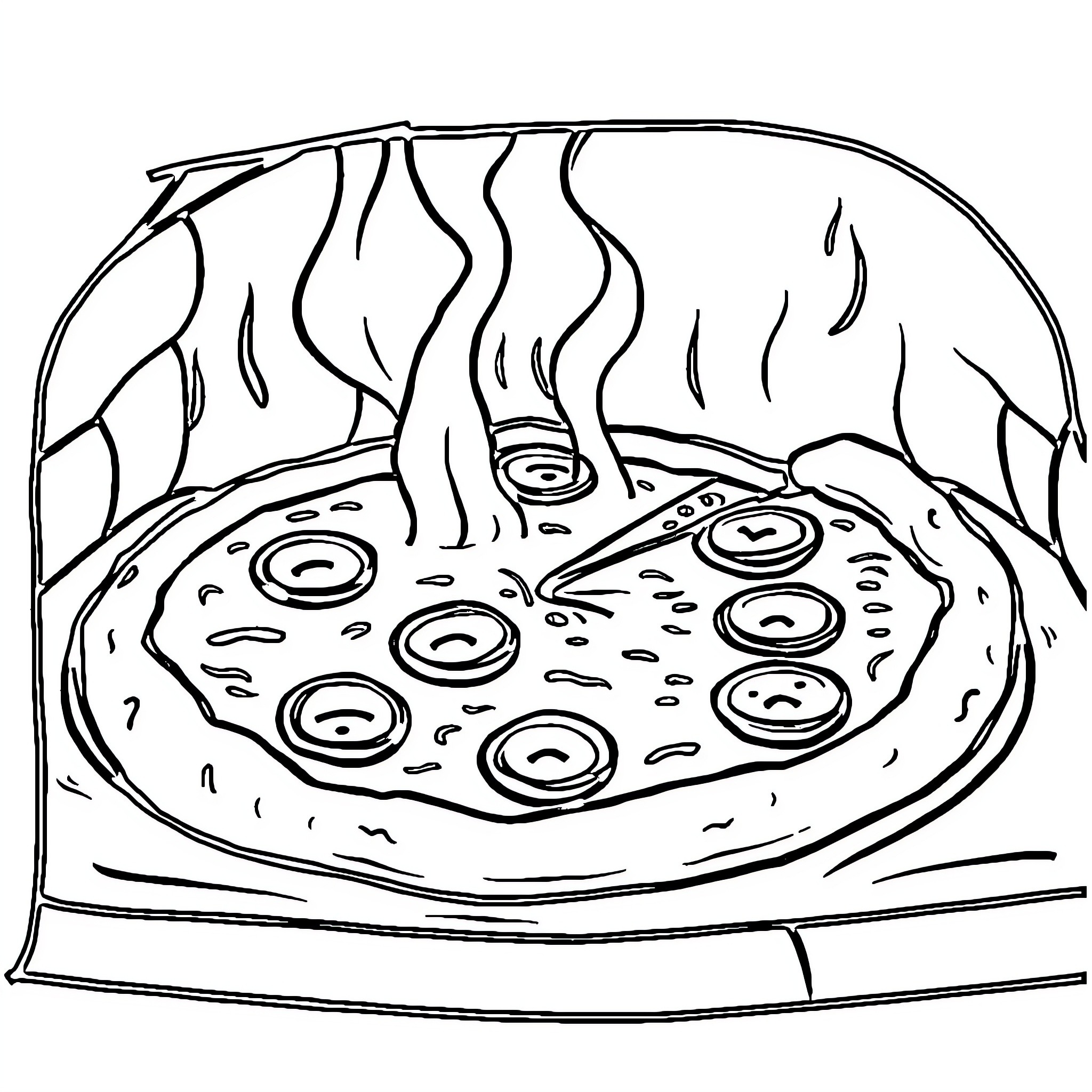 Pizza sizzling fresh from the oven Coloring Page (free black-and-white line drawing printable PDF for all, from beginners to advanced learners, including children, teens, adults, and seniors)