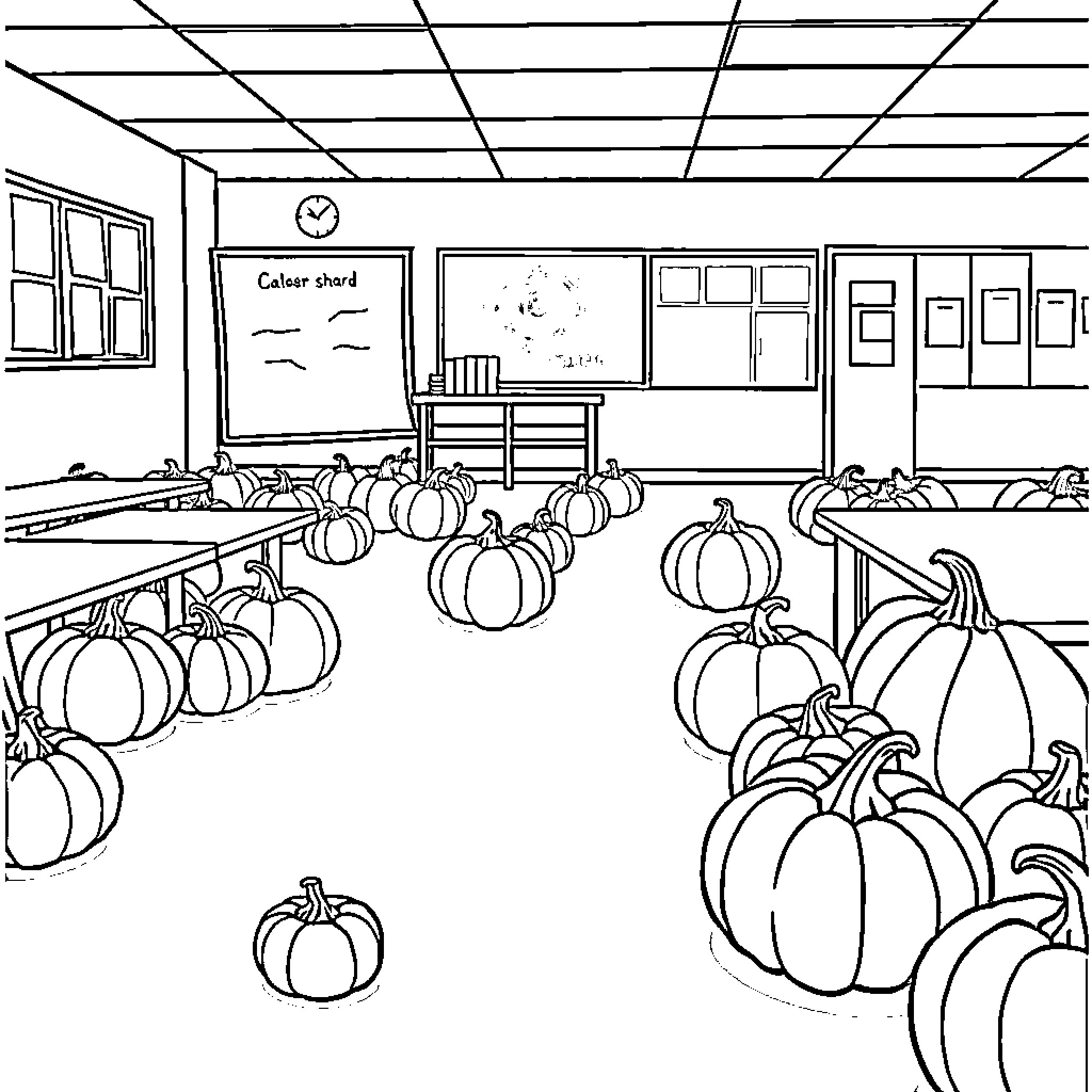 Pumpkins displayed in a classroom Coloring Page (free black-and-white line drawing printable PDF for all, from beginners to advanced learners, including children, teens, adults, and seniors)