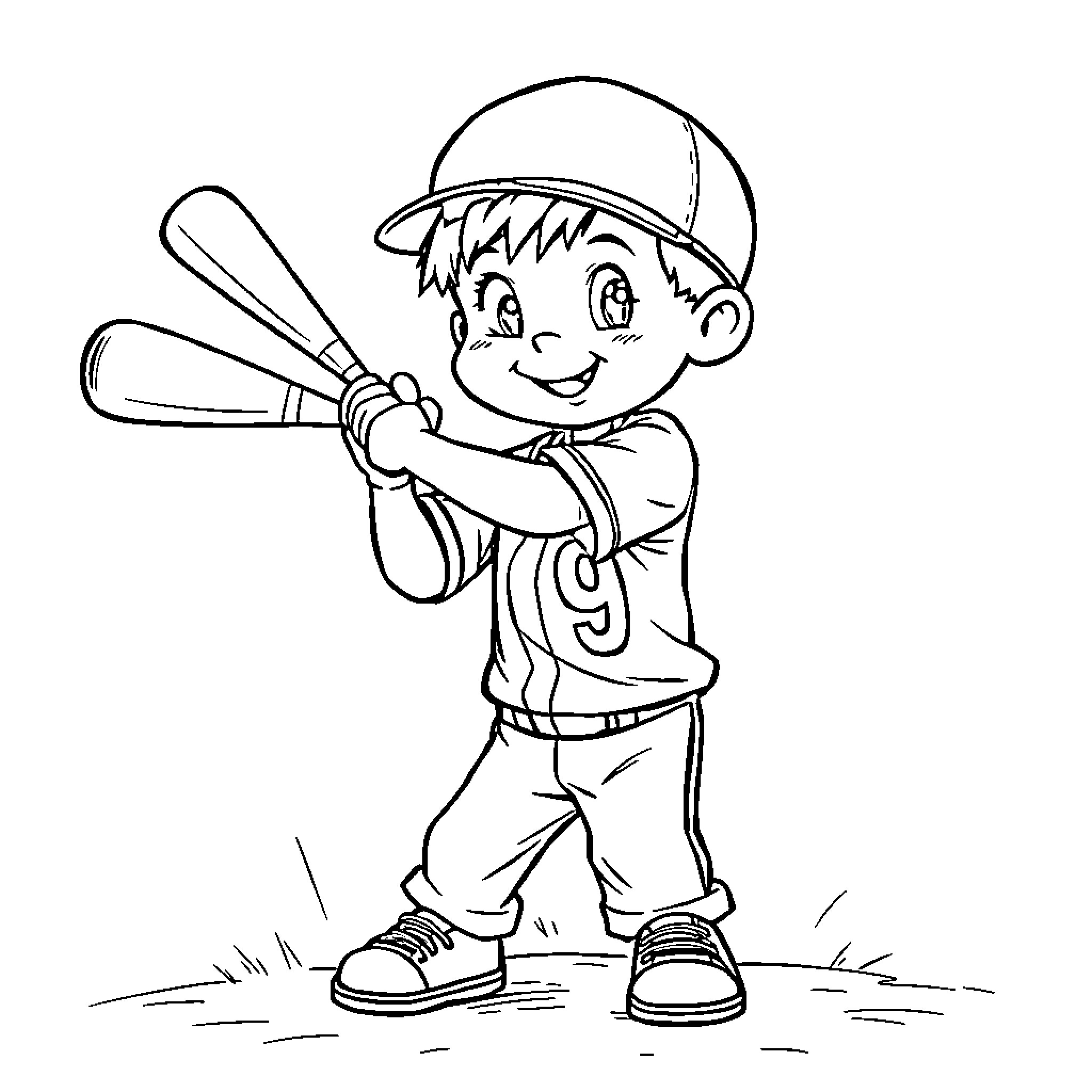 Boy playing baseball with bat and glove Coloring Page (free black-and-white line drawing printable PDF for all, from beginners to advanced learners, including children, teens, adults, and seniors)
