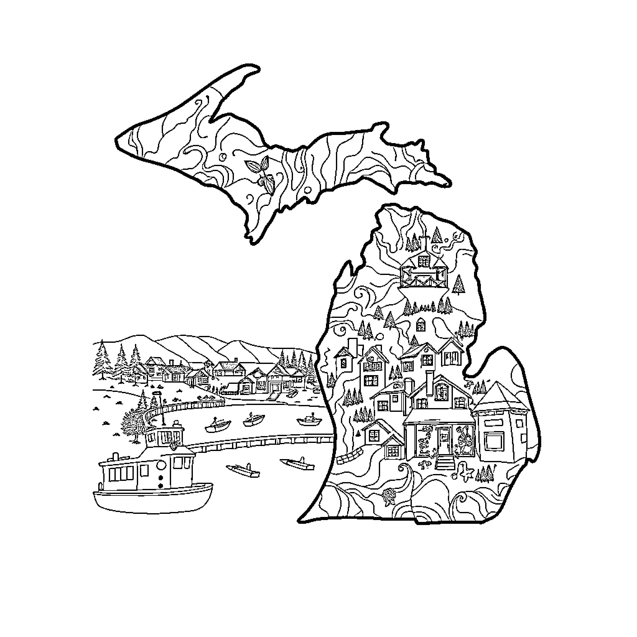 Michigan Landscape with Quaint Countryside and Cityscape Coloring Page (free black-and-white line drawing printable PDF for all, from beginners to advanced learners, including children, teens, adults, and seniors)
