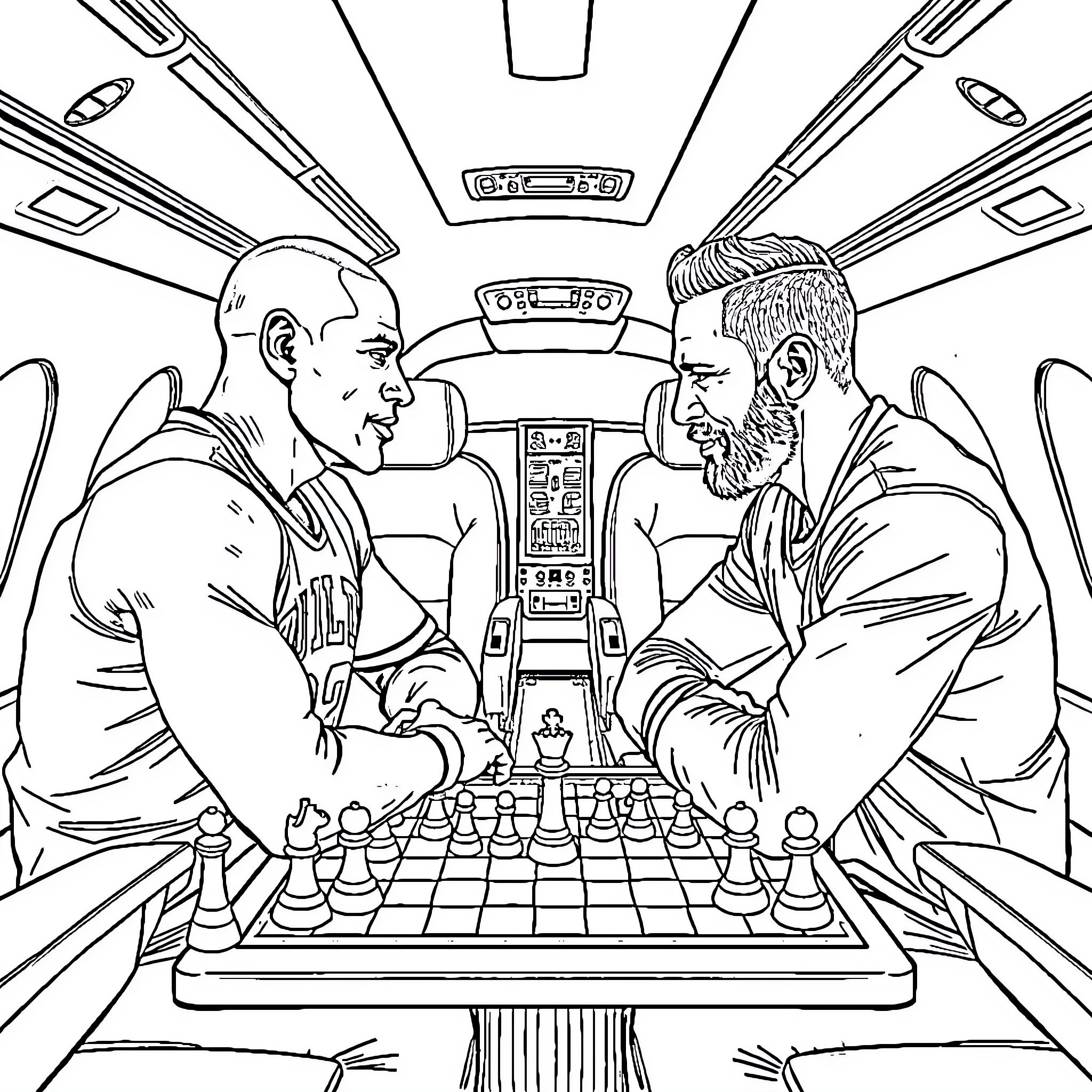Chess Showdown in the Cockpit Coloring Page (free black-and-white line drawing printable PDF for all, from beginners to advanced learners, including children, teens, adults, and seniors)