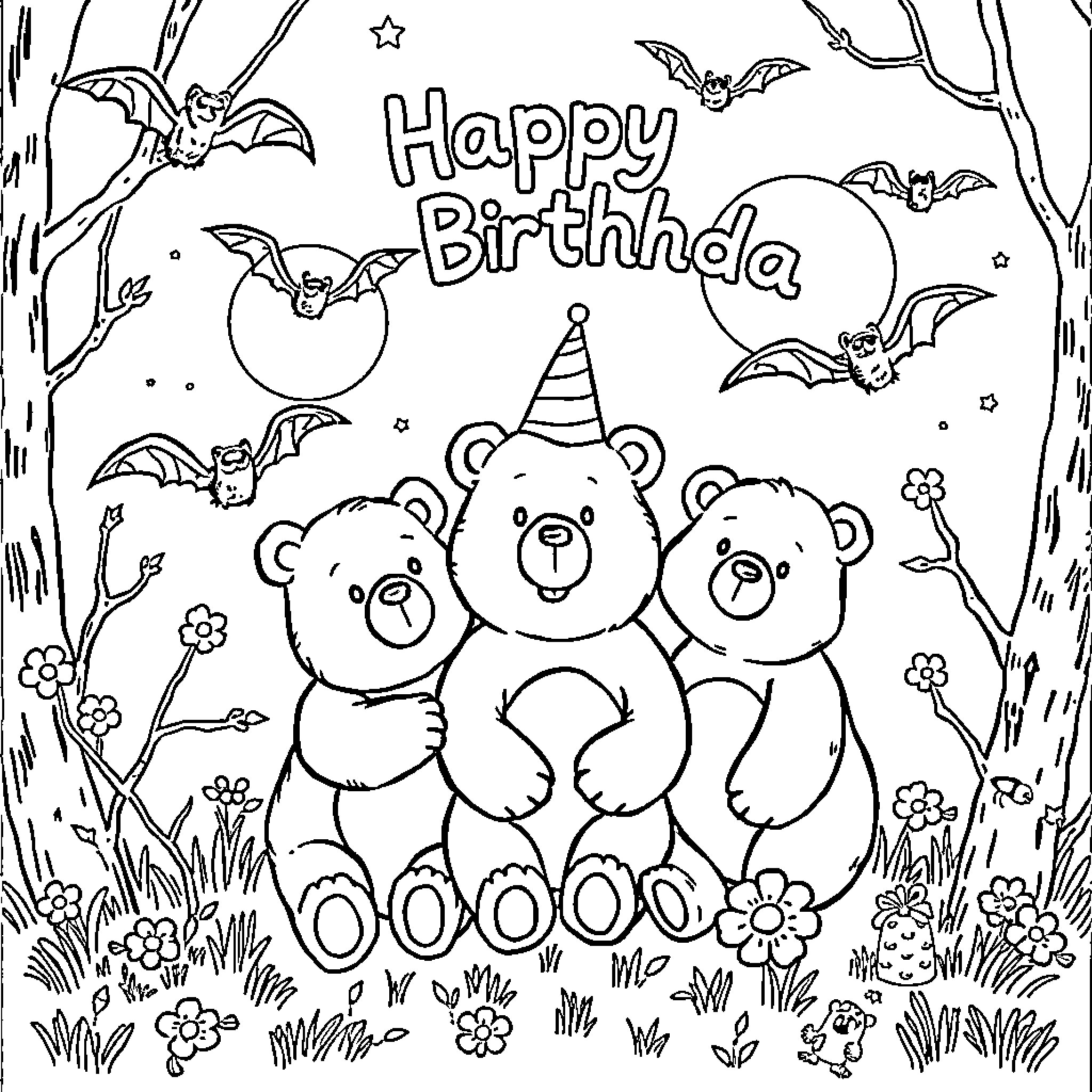 Bats and Bears Celebrate Happy Birthday in Nature Coloring Page (free black-and-white line drawing printable PDF for all, from beginners to advanced learners, including children, teens, adults, and seniors)
