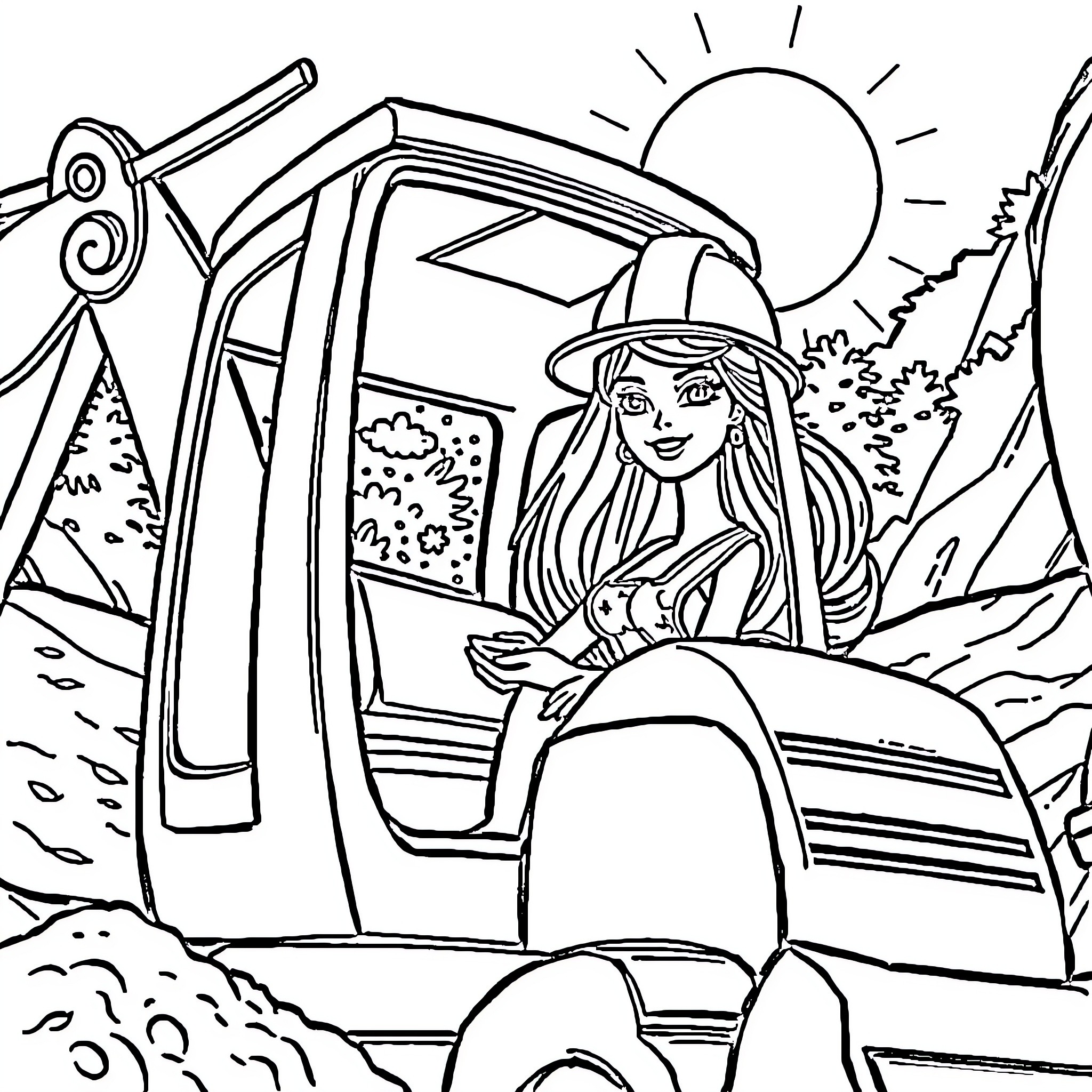 Barbie Enjoying Outdoor Adventure in Scenic Landscape Coloring Page (free black-and-white line drawing printable PDF for all, from beginners to advanced learners, including children, teens, adults, and seniors)