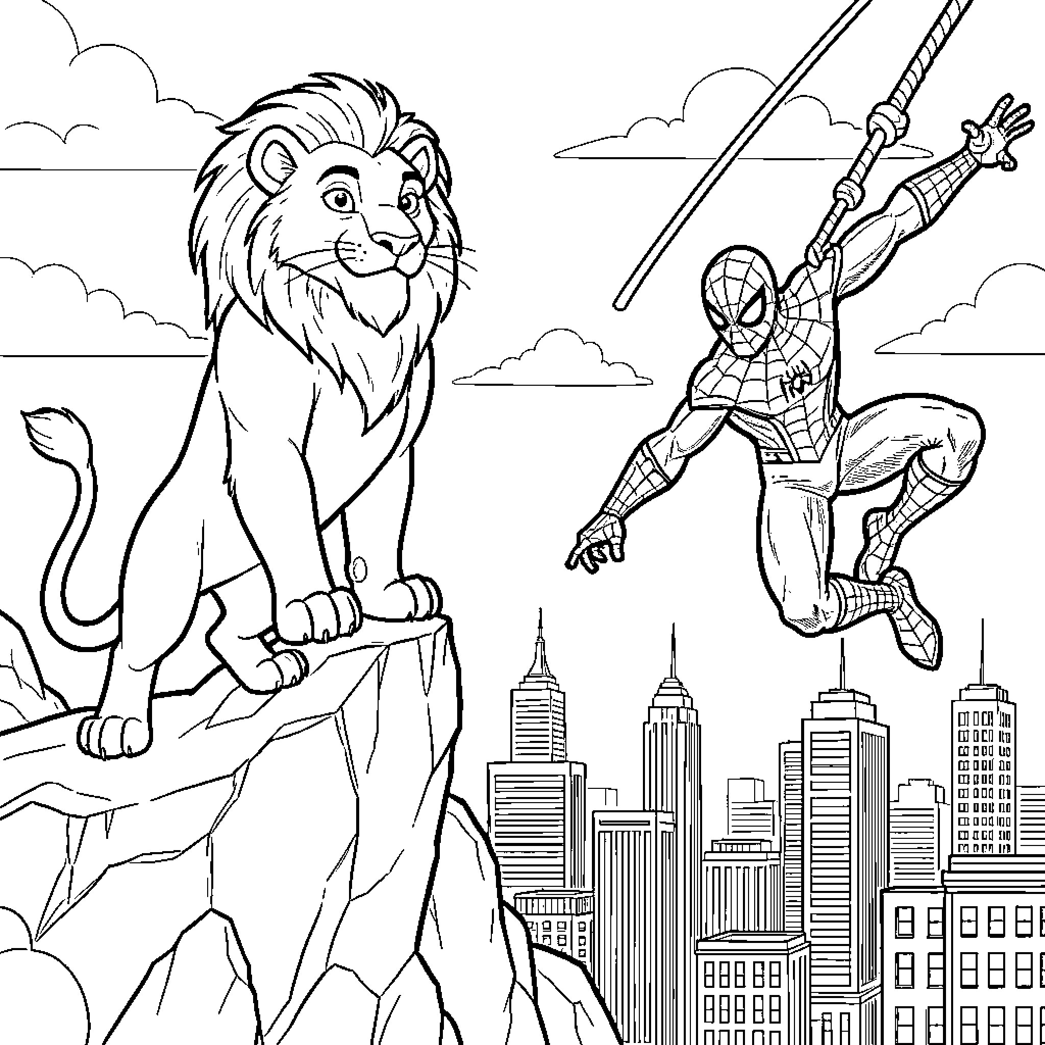 Simba on a cliff with Spiderman overlooking the city Coloring Page (free black-and-white line drawing printable PDF for all, from beginners to advanced learners, including children, teens, adults, and seniors)