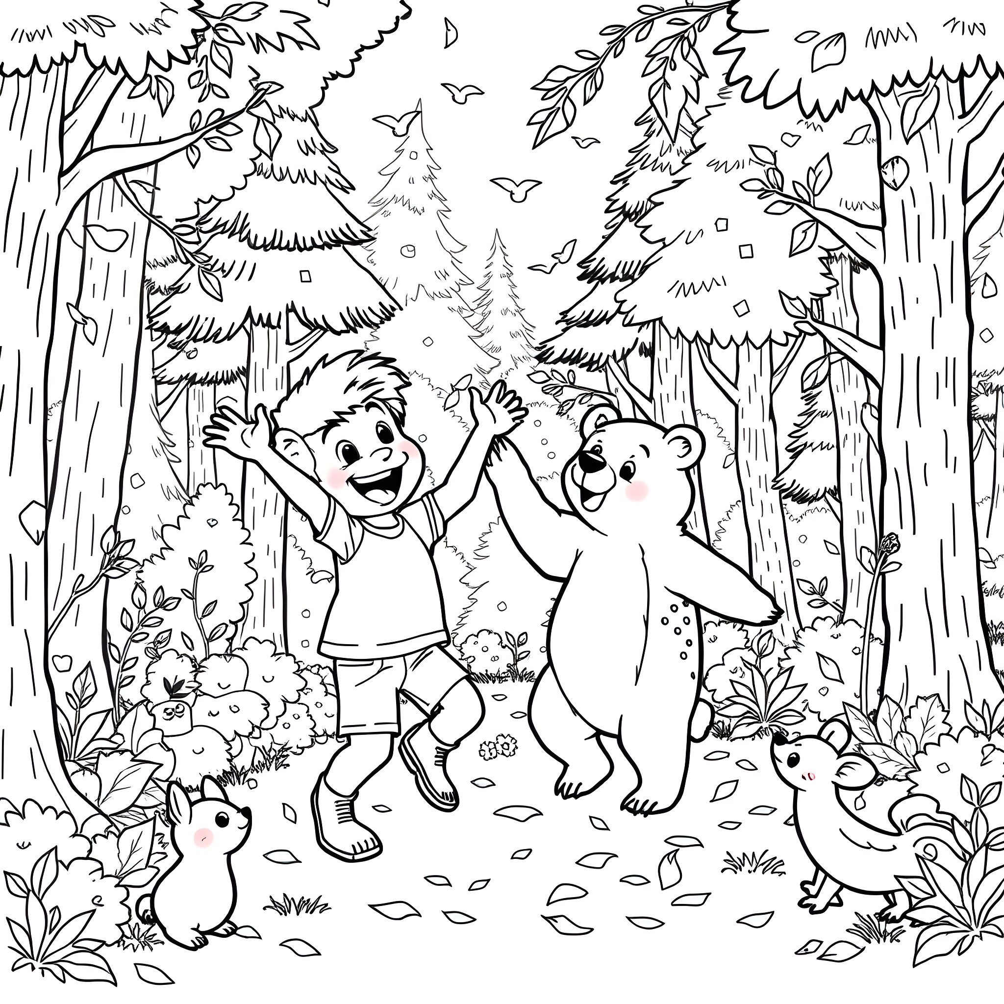 Kid Danger and Bear Friend Explore the Enchanted Forest Coloring Page (free black-and-white line drawing printable PDF for all, from beginners to advanced learners, including children, teens, adults, and seniors)