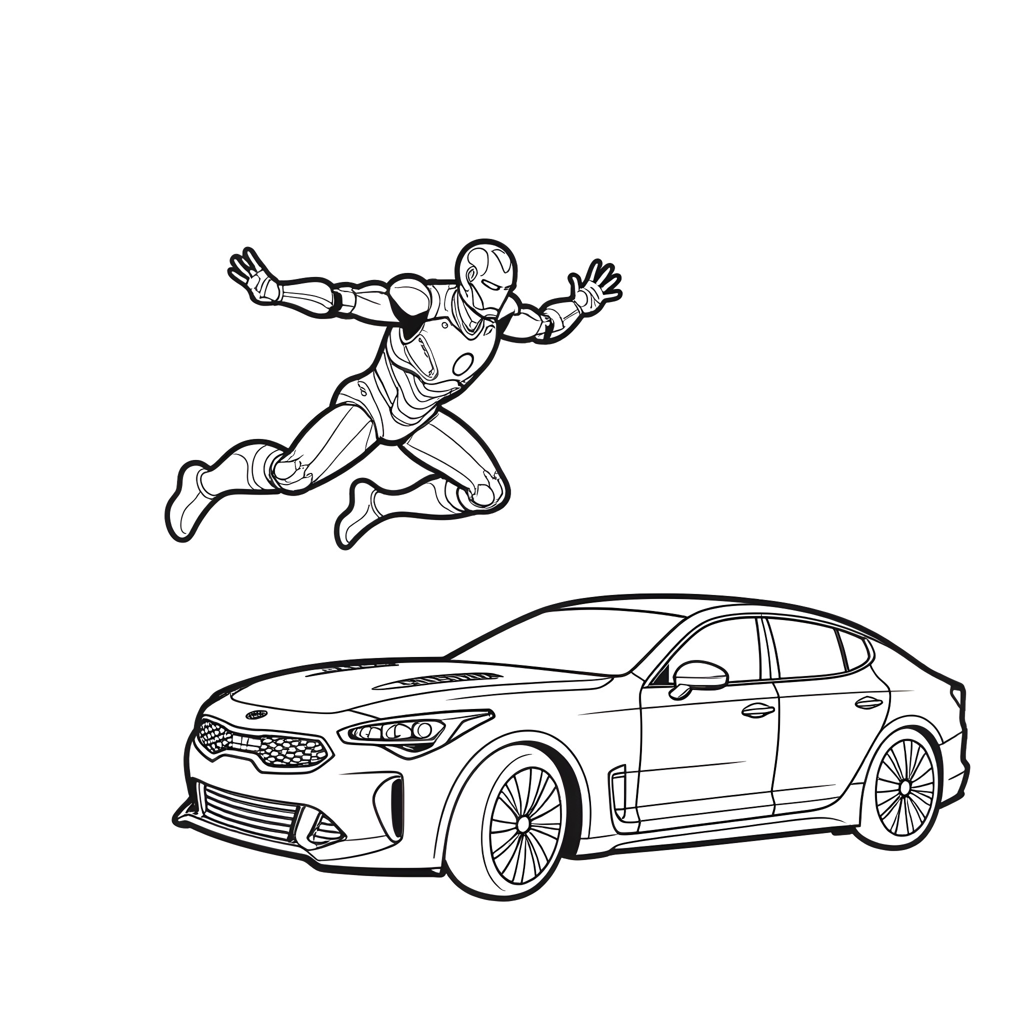 Ironman in action with modern car Coloring Page (free black-and-white line drawing printable PDF for all, from beginners to advanced learners, including children, teens, adults, and seniors)