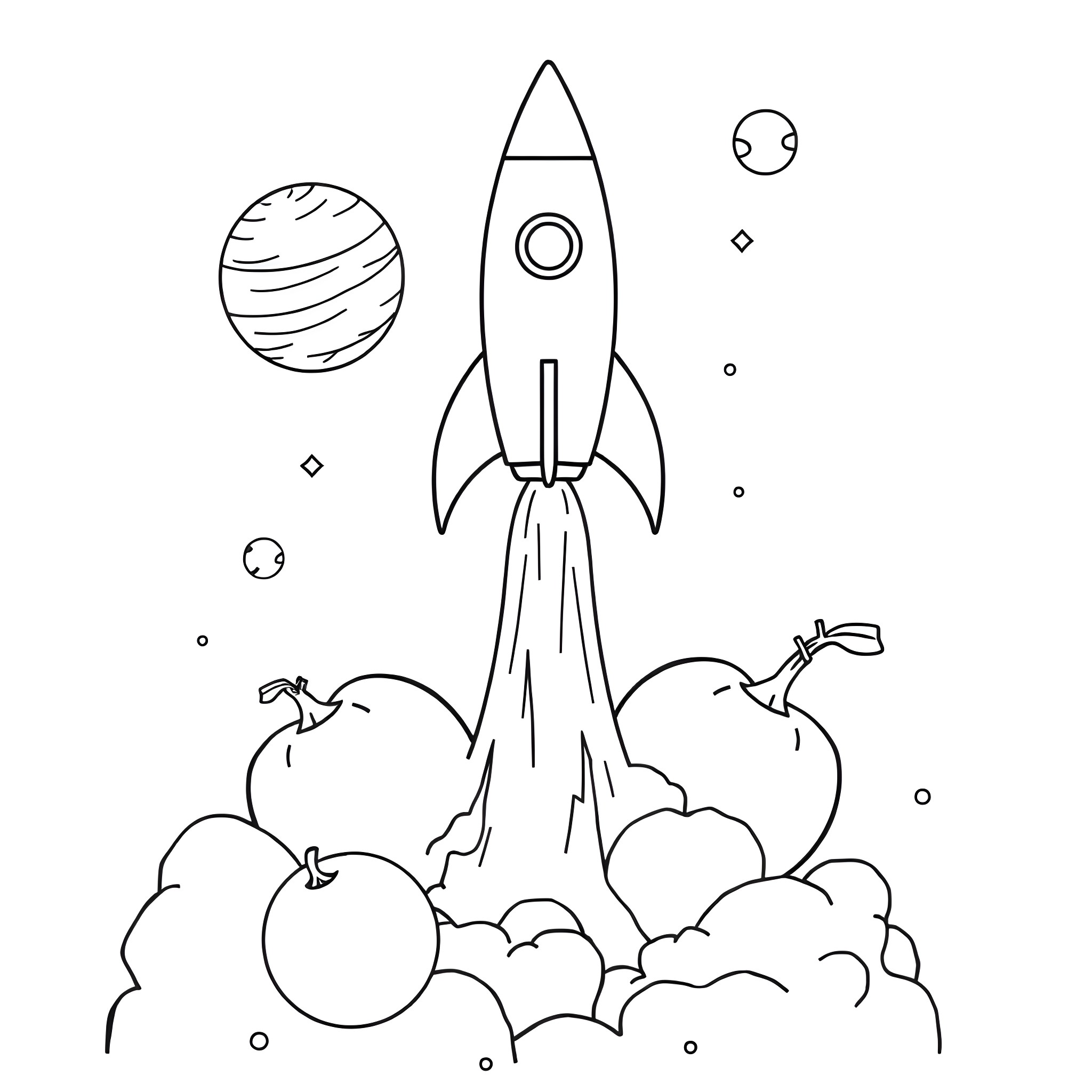 Rocket Ship Launching into Space Coloring Page (free black-and-white line drawing printable PDF for all, from beginners to advanced learners, including children, teens, adults, and seniors)