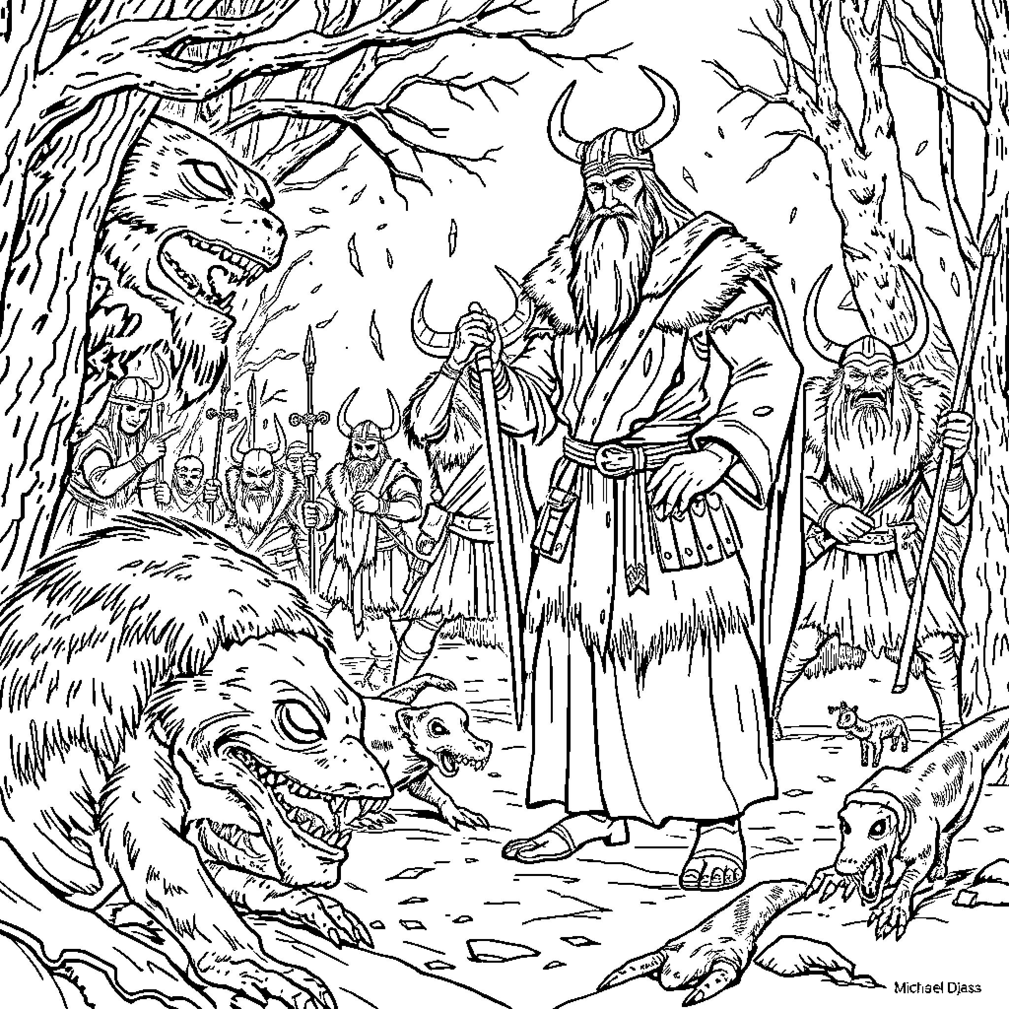 Ahmad ibn Fadlan's encounter with Viking warriors and mythical creatures Coloring Page (free black-and-white line drawing printable PDF for all, from beginners to advanced learners, including children, teens, adults, and seniors)