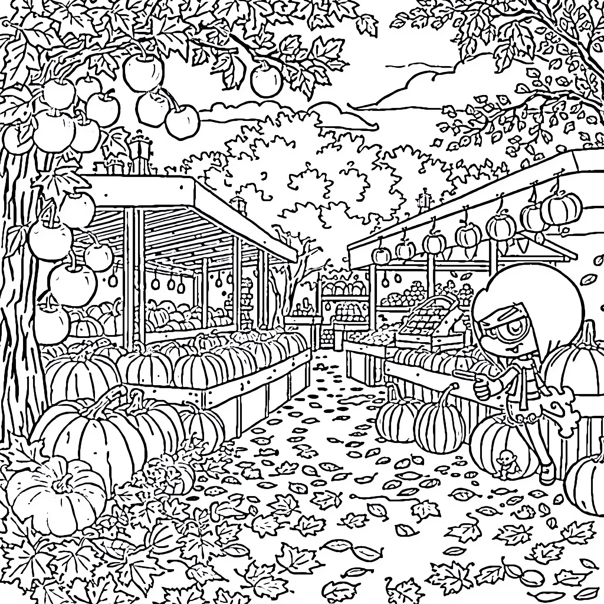 Fall Harvest Scene with Pumpkins and Decorations Coloring Page (free black-and-white line drawing printable PDF for all, from beginners to advanced learners, including children, teens, adults, and seniors)