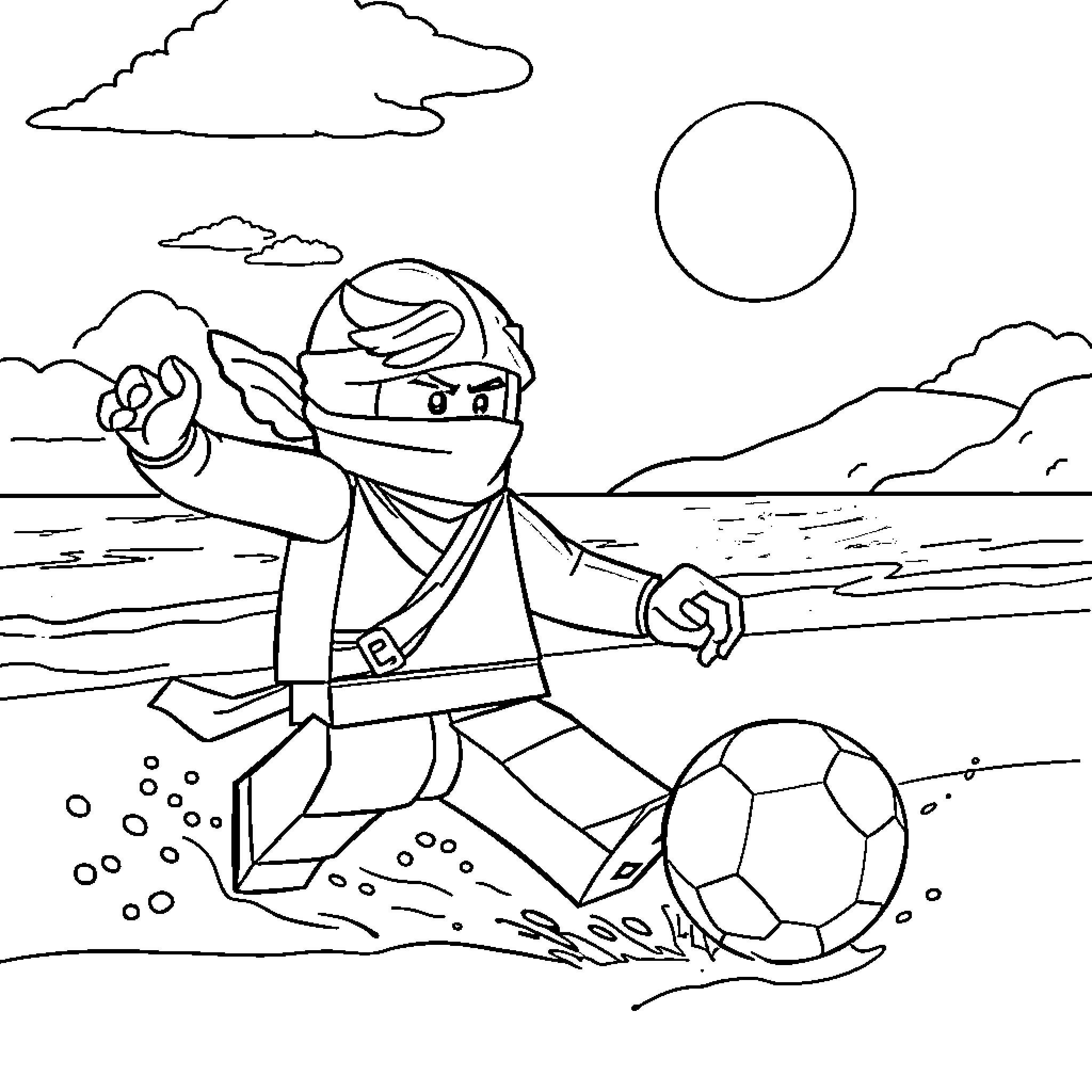 Kai playing soccer on the beach Coloring Page (free black-and-white line drawing printable PDF for all, from beginners to advanced learners, including children, teens, adults, and seniors)