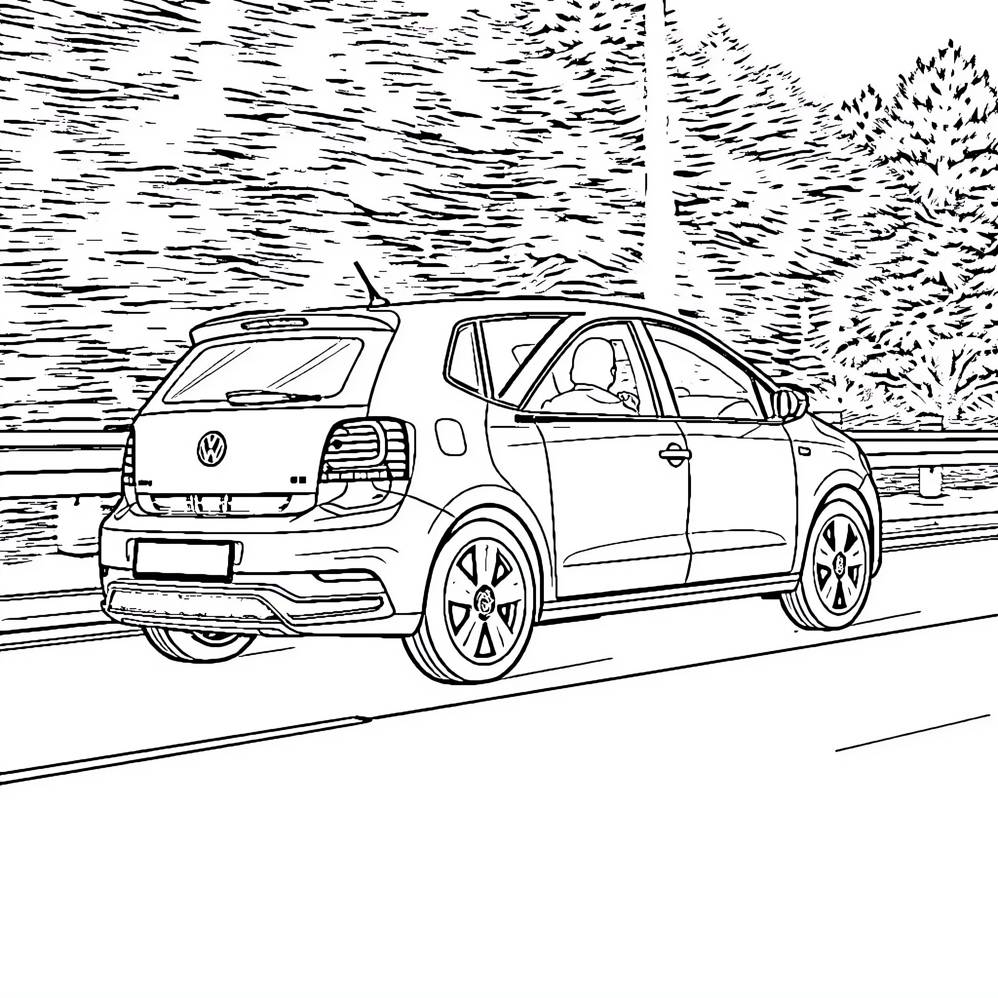 VW Polo driving on the road through nature Coloring Page (free black-and-white line drawing printable PDF for all, from beginners to advanced learners, including children, teens, adults, and seniors)
