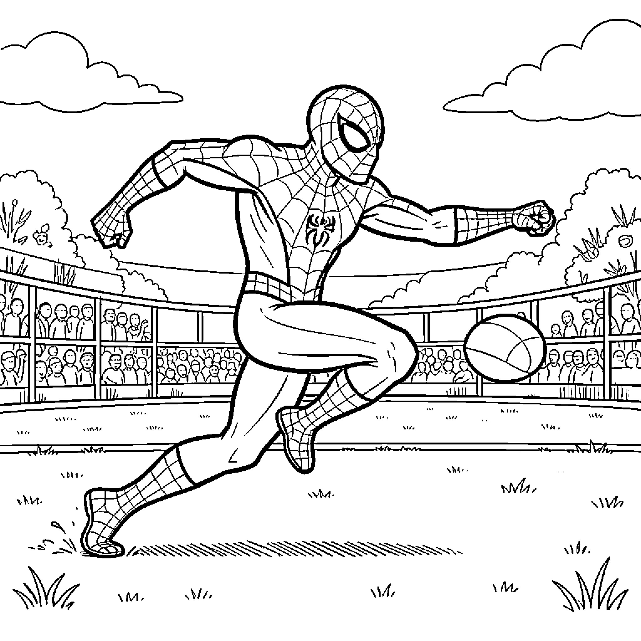 Spiderman kicking a ball during a match Coloring Page (free black-and-white line drawing printable PDF for all, from beginners to advanced learners, including children, teens, adults, and seniors)