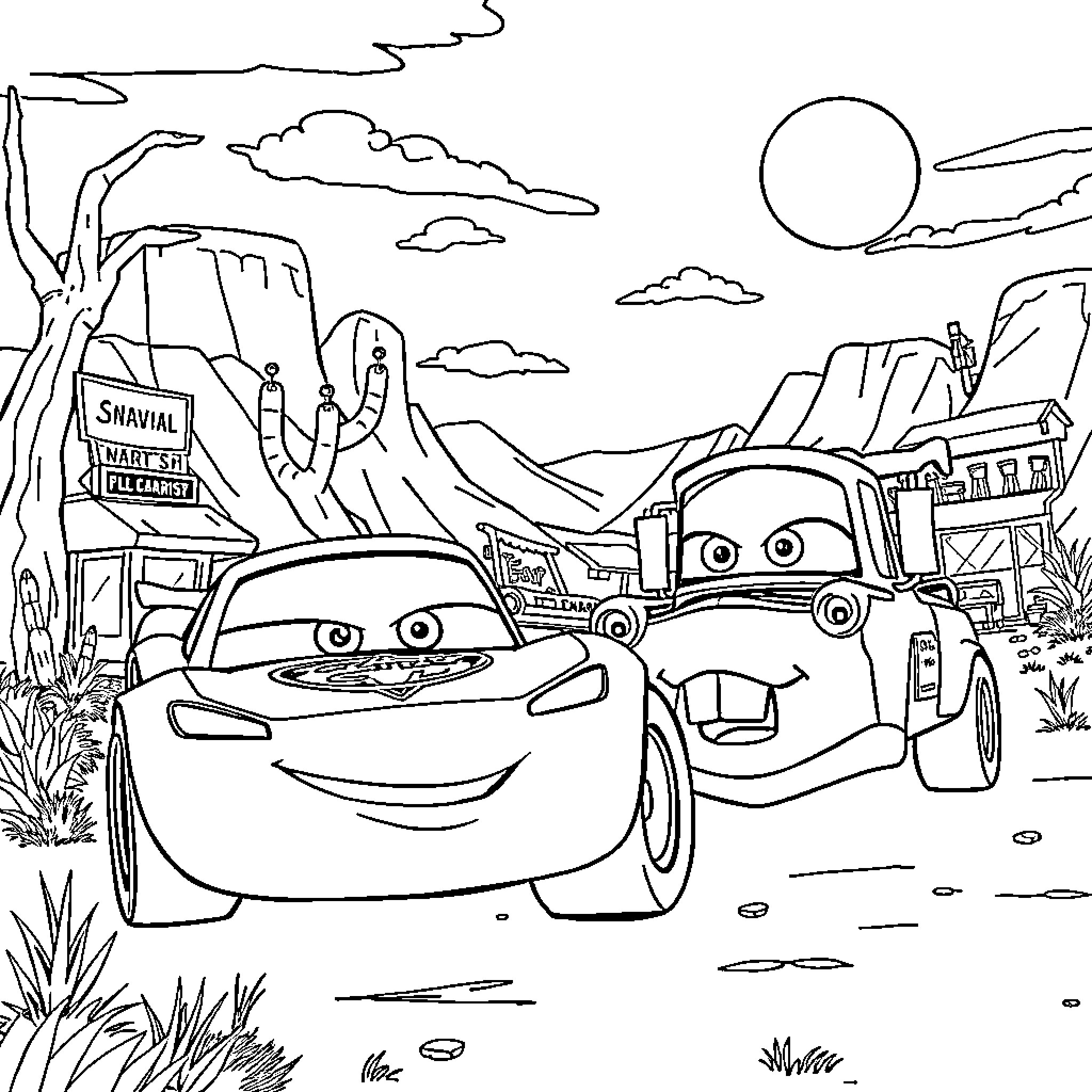 McQueen and Mater in an adventurous desert landscape Coloring Page (free black-and-white line drawing printable PDF for all, from beginners to advanced learners, including children, teens, adults, and seniors)